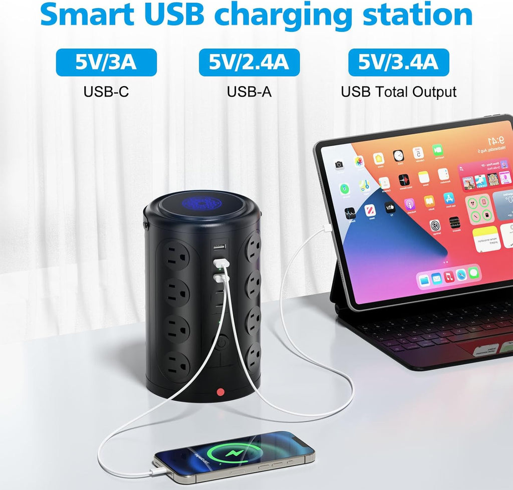 Tower Power Strip, 20FT Extension Cord with Multiple Outlets, 16 AC Outlets & 5 USB (2 USB C) Charging Station Surge Protector for Office Home Dorm Room (Black)