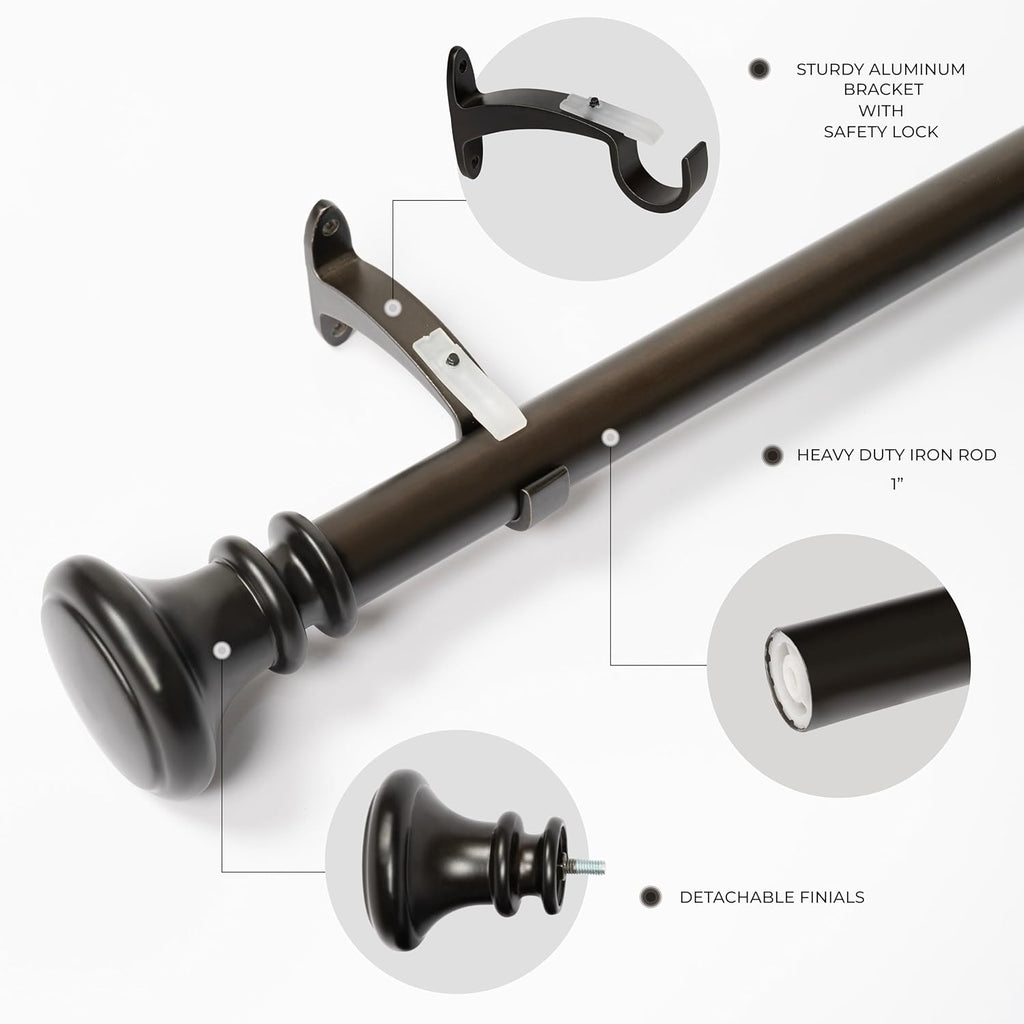 Deco Window Adjustable Curtain Rod for Windows 44 to 120 Inch Extendable Heavy Duty 1 Inch Iron Drapery Pole with Vaso Finials Wall Mounted French Door Curtain Rods (Pack of 1, Imperial Bronze)