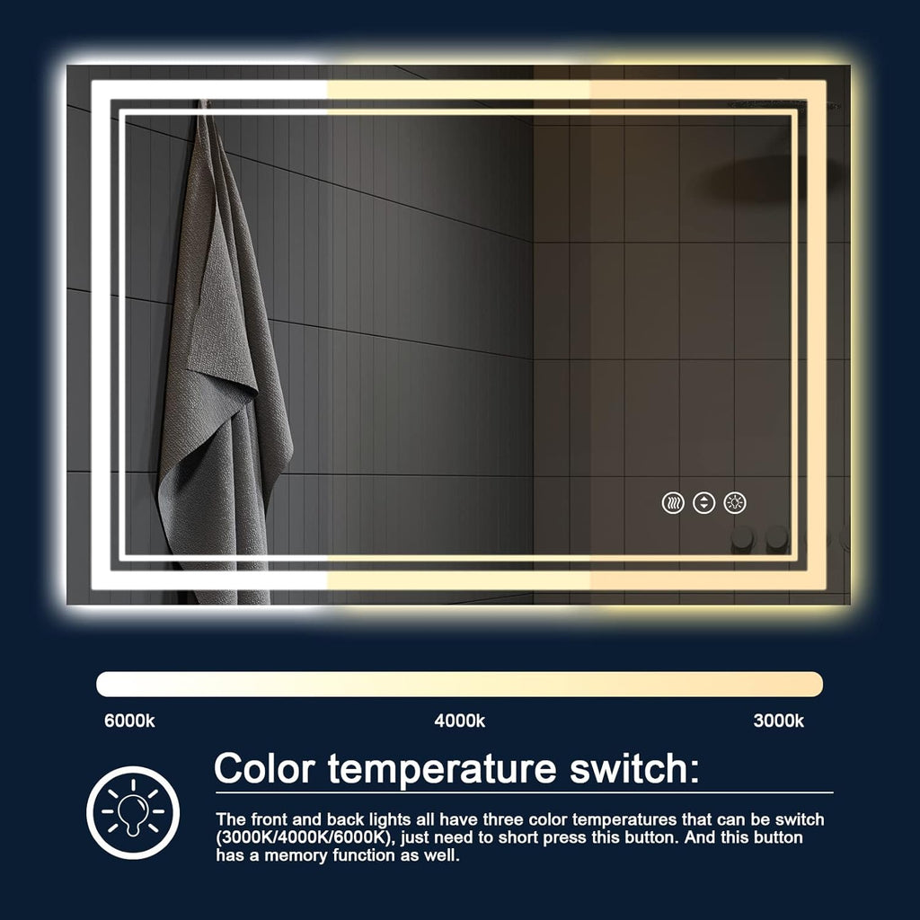 40x30 Inch LED Bathroom Mirror with Lights, Backlit and Front Lighted Bathroom Mirrors for Wall, Anti-Fog Dimmable Memory Shatterproof LED Vanity Mirror for Bathroom