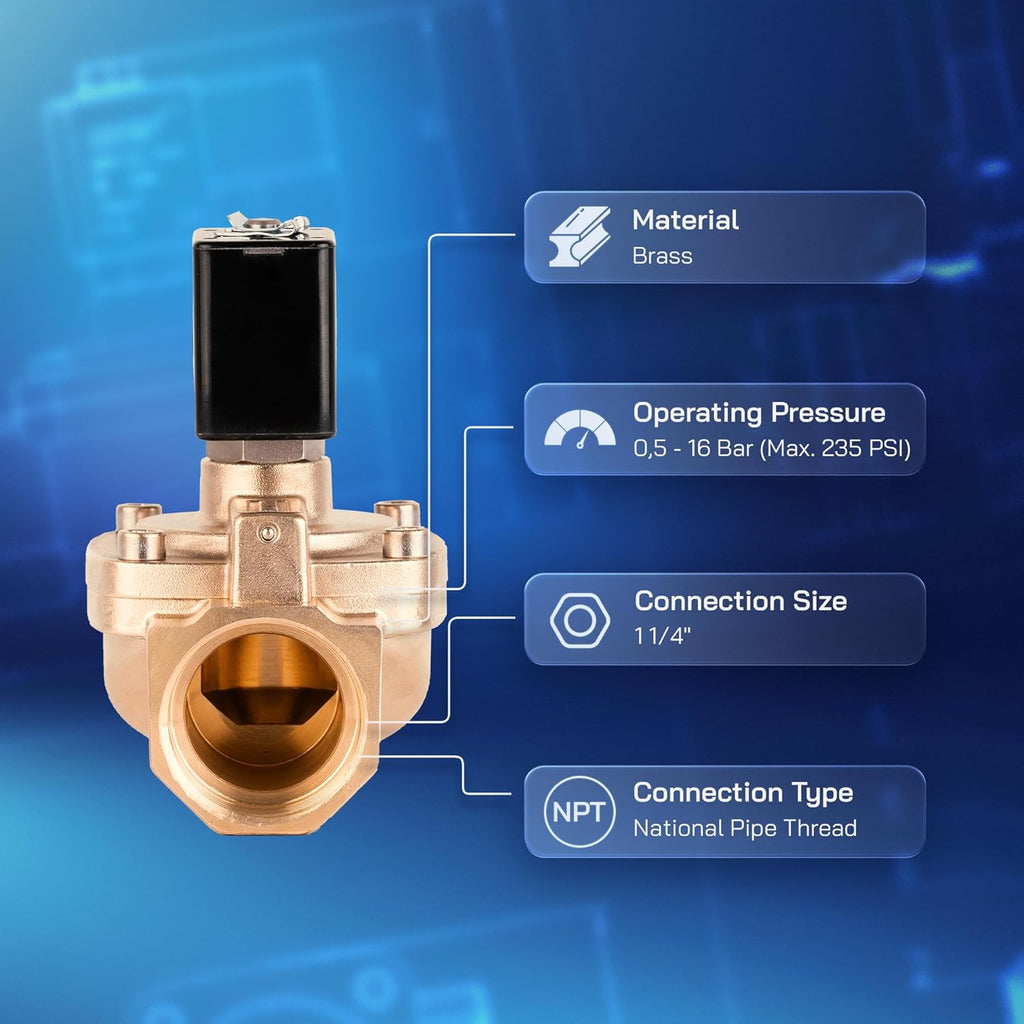 UNOX 1 1/4" NPT Solenoid Valve 12V DC, Brass Control Valve Normally Closed - 7-232 PSI Multi-Purpose Reliable Control Valve for Water, Air, and Gas - Solenoid Valves