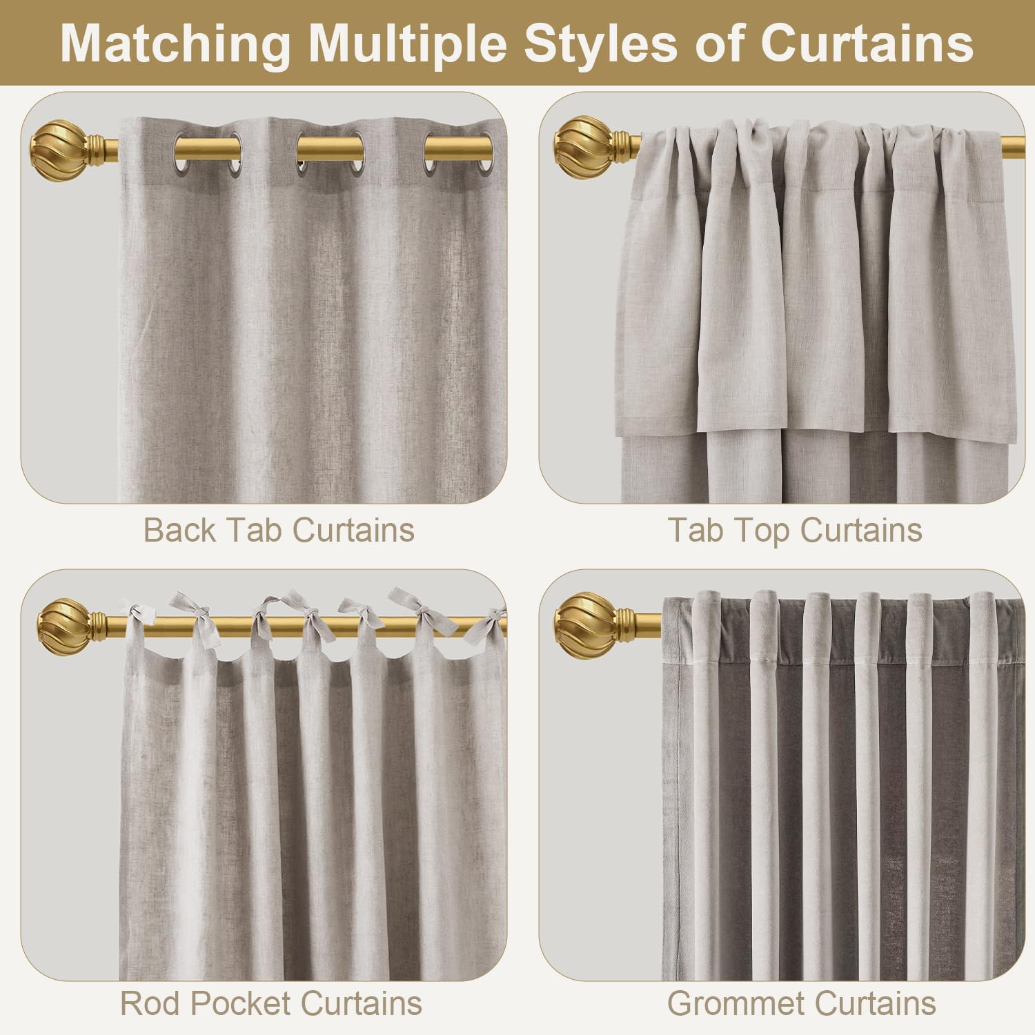 Gold Curtain Rods for Windows 48 to 84 Inch 7/8" Diamete Heavy Duty Adjustable Window Curtain Rod with Decorative Finials for Farmhouse Bedroom Living Room Kitchen Outdoor