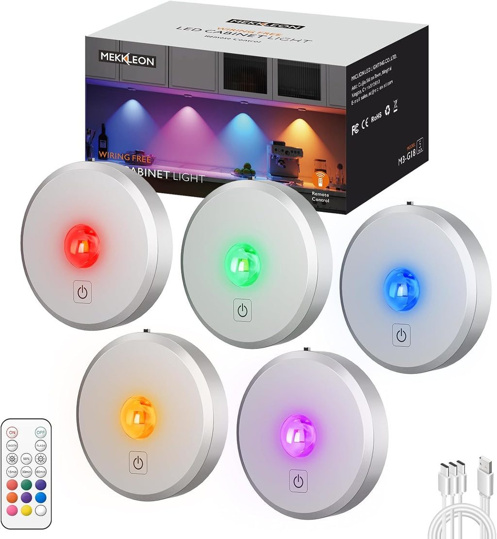 RGB Puck Lights with Remote Control, 2000mAh Battery Operated Tap Lights Rechargeable, 9 Colors & 2 Dynamic Changing Under Cabinet Lighting, Magnetic Stick on Light for Closet(Silver, 5 Pack)