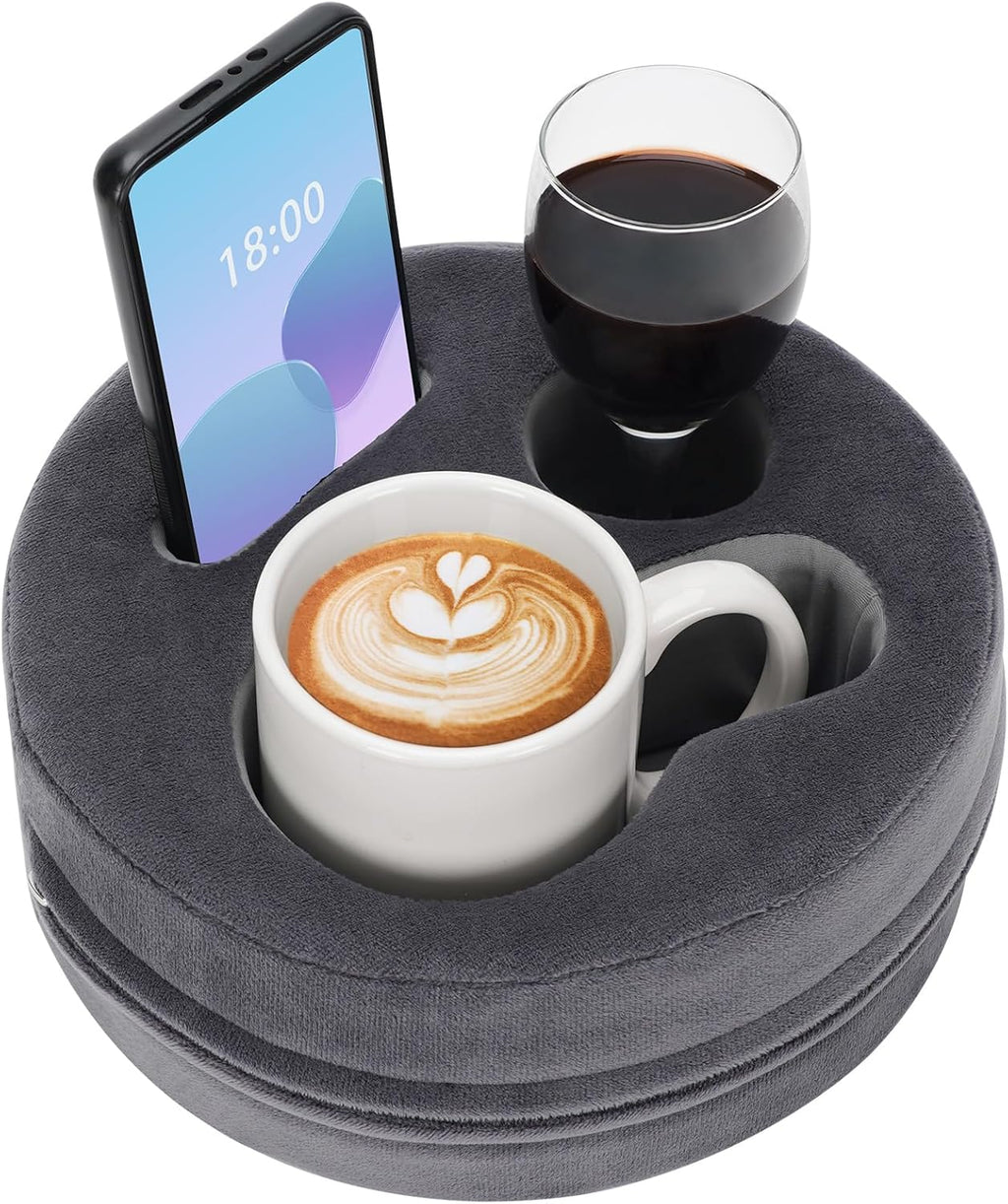 G GOOD GAIN Couch Cup Holder Pillow, Cute Sofa Drink Cup Holder Cozy Buddy | Desk Organizer for Mugs, Snacks, Phone, Makeup | Bed Caddy Tray for Car, Beach, Picnic, Boat, RV, Table (Grey)