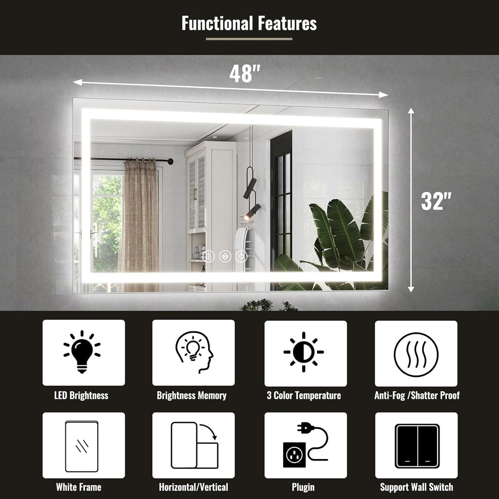 LED Bathroom Mirror, 32x48 Inch White Framed Gradient Front and Backlit Vanity Mirror, Anti-Fog, Dimmable, Wall Mounted Horizontal/Vertical Lighted Mirror, LED Vanity