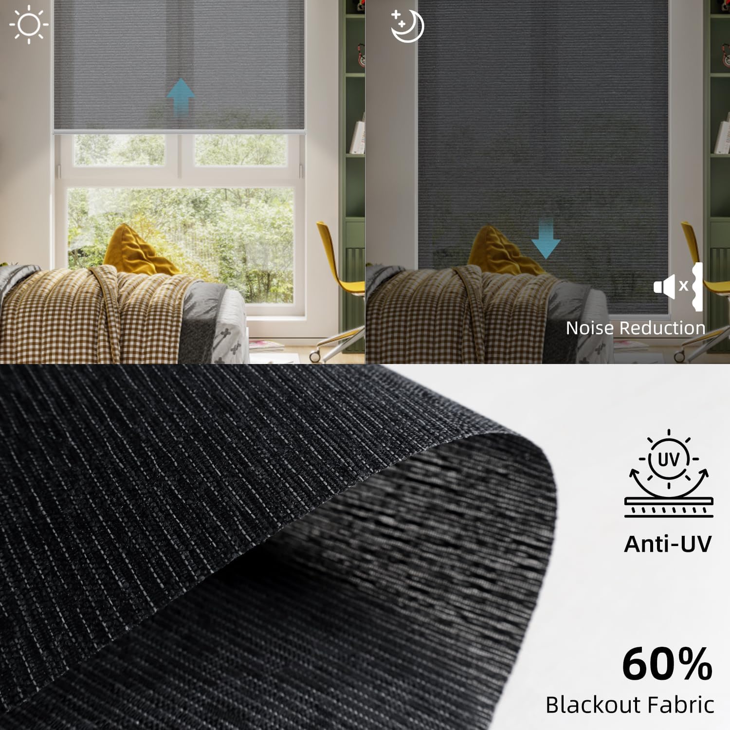 SmartWings Motorized Light Filtering Roller Shades 60% Blackout Work with Matter Homekit Alexa Z-Wave ZigBee SmartThings Google, Cordless with Remote Control, Twilight Obsidian