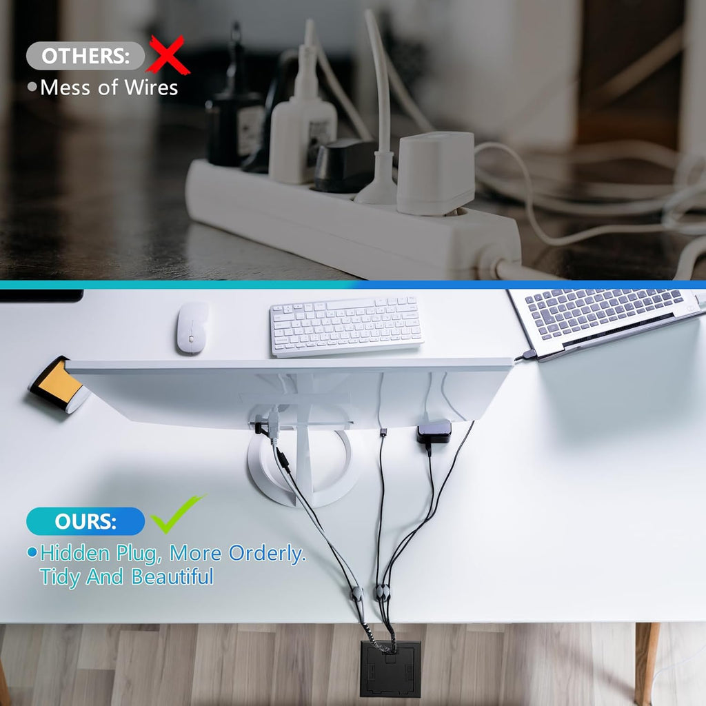 KYHSHJ Recessed Flat Hidden Socket Kit with 2 * 20 Amp Stainless Steel GFCI Tamper Receptacle Outlet+3-Port RJ45 Datacom Receptacle. Internal Height Adjustable，Corrosive Resistant Hardware，Black