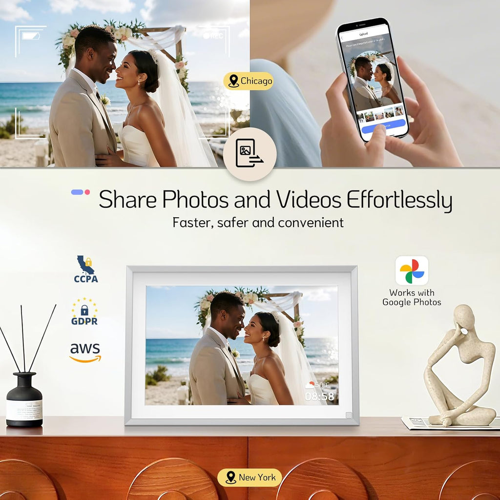 NexFoto 10.1” Digital Picture Frame 64GB, HD Touchscreen WiFi Electronic Photo Frame, Share Photos/Videos via APP/USB, Add Pics from Google Photos, Gift for Christmas/Mom/Grandparents, Silver