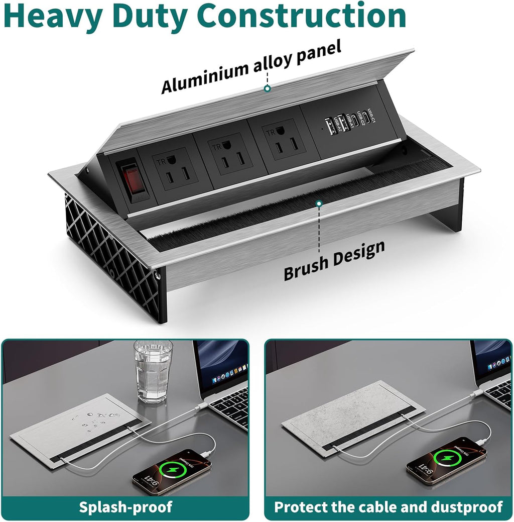 QBA Tabletop Brush Connectivity Box Outlet, Recessed Power Strip with USB-C 30W, 3 TR Outlets, 4 USB Ports, for Home Office, Silver