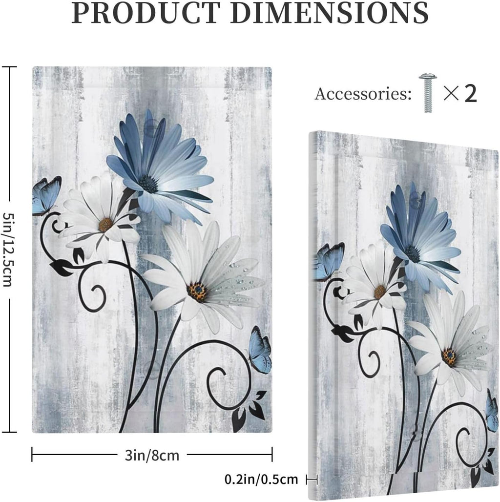Decorative Light Switch Cover Plate Rustic Blue White Daisy Ink Flower 1 Gang No Device Single Blank Outlet Covers Wall Plates for Electrical Outlets Faceplate for Bedroom Home Decor