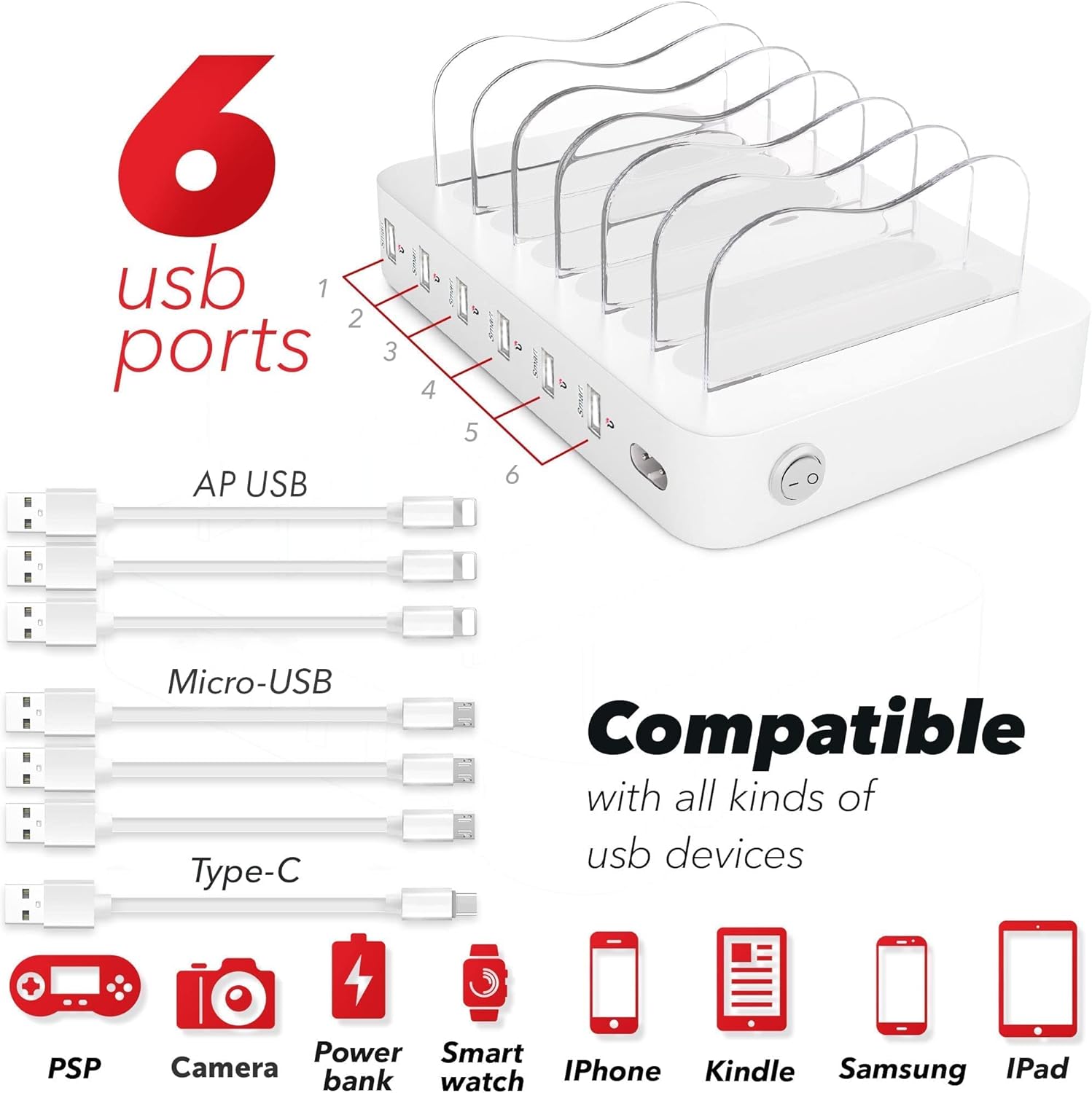 USB Charging Dock - 6-Port Universal Charging Station for Multiple Devices - Multi Device Charger Station - Compatible with Apple, iPad, iPhone, and Android Cell Phones and Tablets