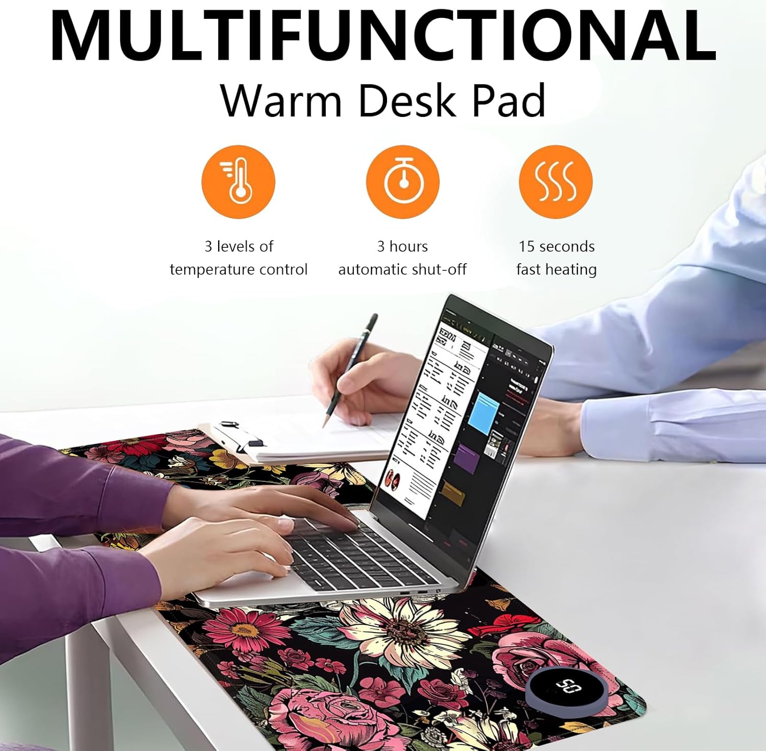 Heated Mouse Pad with 3 Levels Heated & 3 Hours Auto Shut-Off Mouse Pad for Warming Hands in Office Home, 23.6" x 14.2"Large Safe Desk Mat Hand Warmer，Skull in Flowers