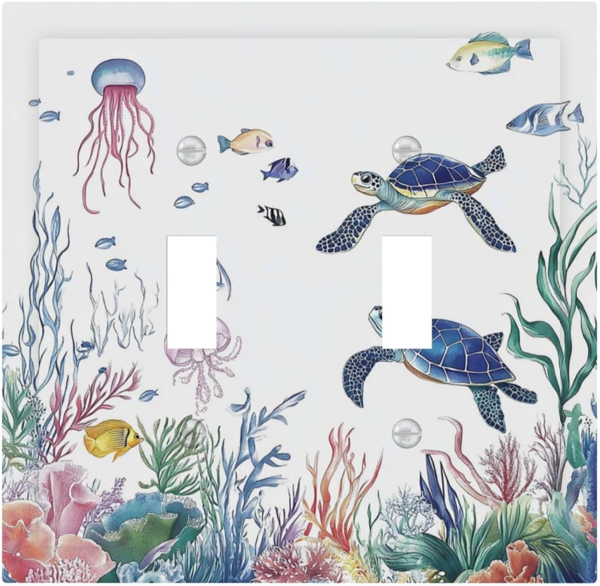 Blue Sea Turtle Ocean Fish Octopus Coral Decorative Switch Plates 2 Gang Double Toggle Outlet Light Switch Cover Wall Plate Electrical Faceplate For Bathroom Kids Room Decor