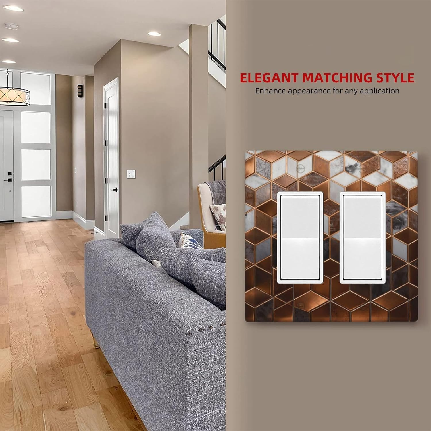 Brown Abstract Luxury Modern Geometric Cubic Marble 2 Gang Double Rocker Decorative Light Switch Covers Electrical Faceplate Switch Plates for Bathroom Kitchen Home