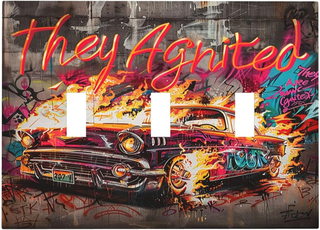 Decorative Switch Plates Hip Hop Street Graffiti Flame Car 3 Gang Wall Plate Triple Toggle Light Switch Cover Faceplate Electrical Wall Panels for Bedroom living Room Decor