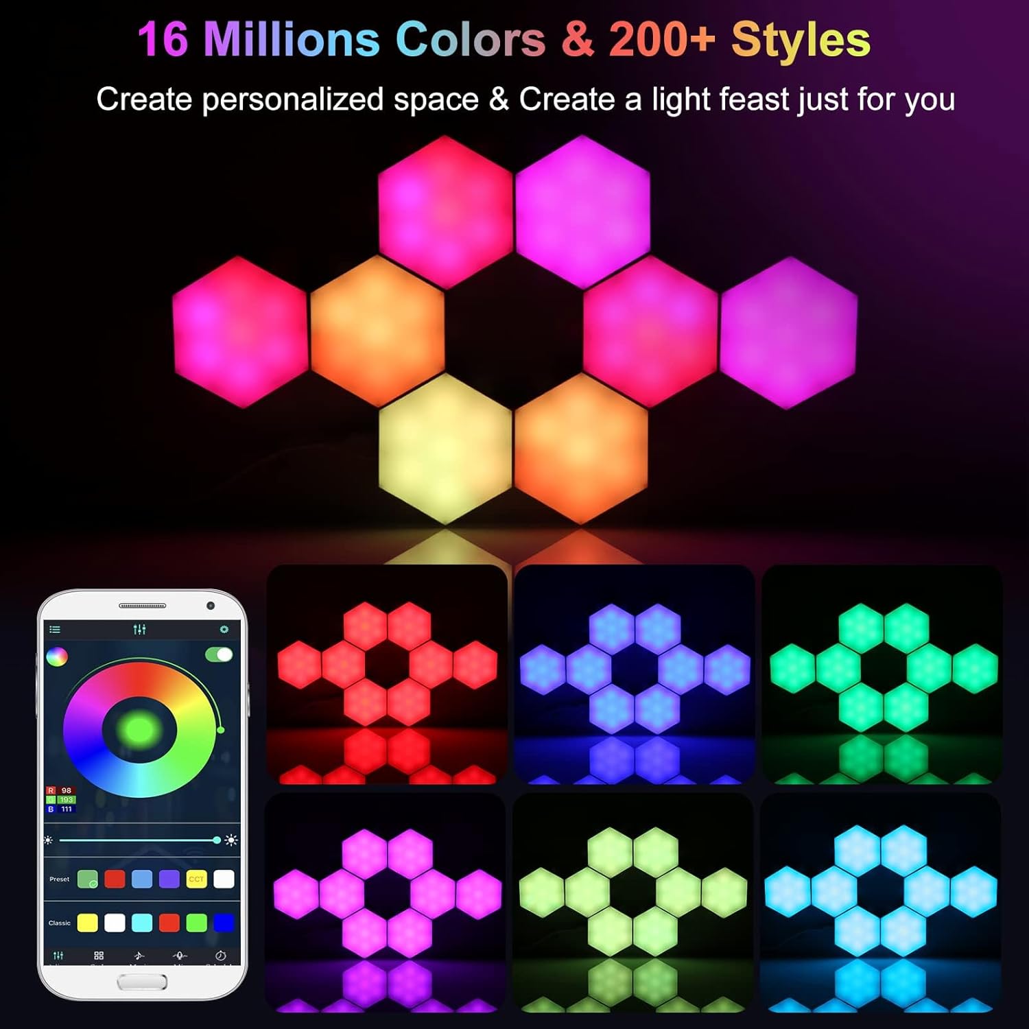 Hexagon Lights Wall Panels, Smart LED Wall Lights with APP, DIY Modular Assembled Music Sync RGB Gaming, Hex Light with USB-Power for Autism, Game Room Decor, Party (6-Pack)