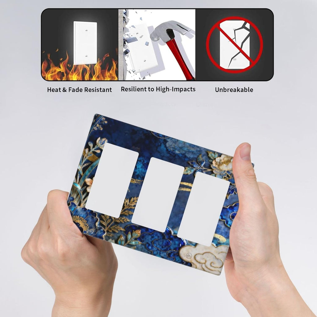 Decorative Outlet Covers Blue White Flower Gold Line Cloud 3 Gang Light Switch Cover Plate Triple Rocker Wall Plates for Electrical Outlets Switch Plate Covers for Bedroom Home Decor