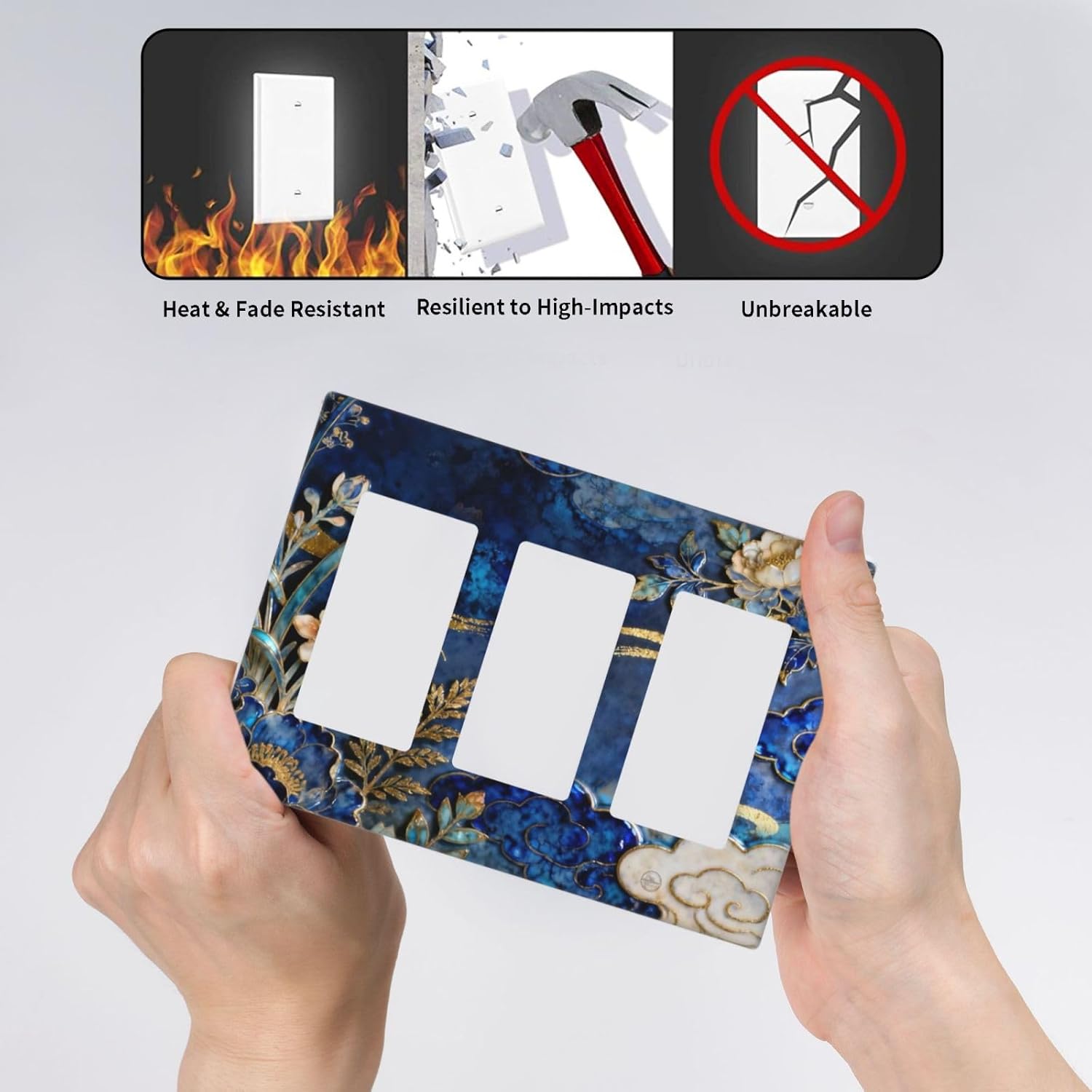 Decorative Outlet Covers Blue White Flower Gold Line Cloud 3 Gang Light Switch Cover Plate Triple Rocker Wall Plates for Electrical Outlets Switch Plate Covers for Bedroom Home Decor