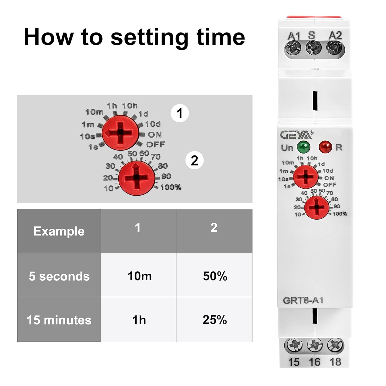 GEYA Delay On Single Function Time Relay 2 Outputs 16A Electronic Adjustable Power ON Timer Delay Relay Rail Modular(GRT8-A2,AC/DC12V-240V)