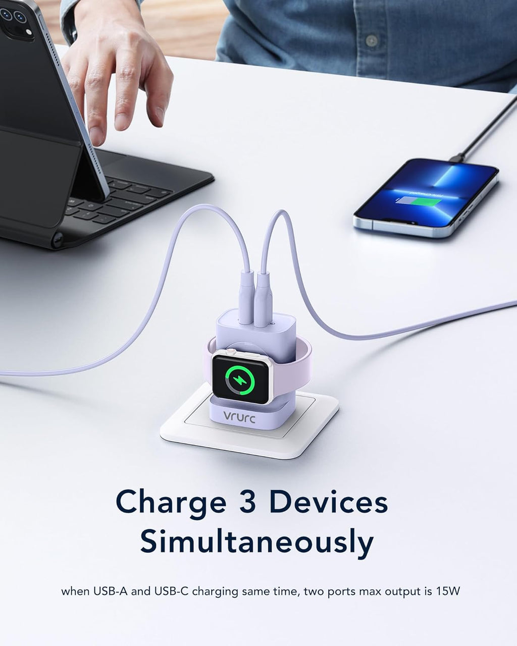 VRURC Charger for iPhone & Apple Watch, 20W USB C Fast Charging Block, 3-in-1 Compact Travel Adapter with 2 Port for iPhone 17/16/15/14/13, Wireless Magnetic for iWatch SE/11/10/9/8/7/6/5/4-Purple