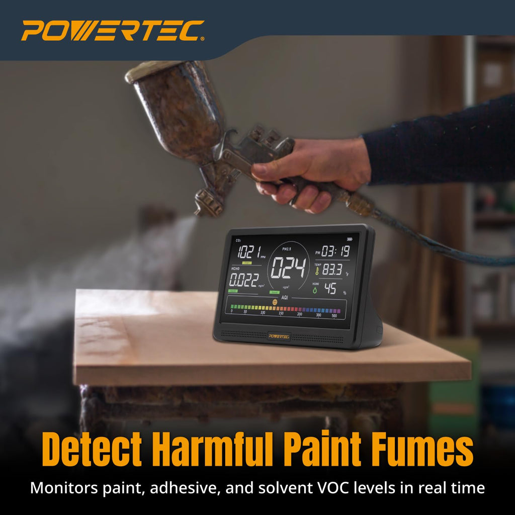 POWERTEC AD1001 Air Quality Monitor with 7” LCD Display – Multi-Sensor CO₂, PM2.5, PM10, HCHO, TVOC Detector, NDIR & Semiconductor Sensors, Rechargeable Indoor/Workshop Air Monitor