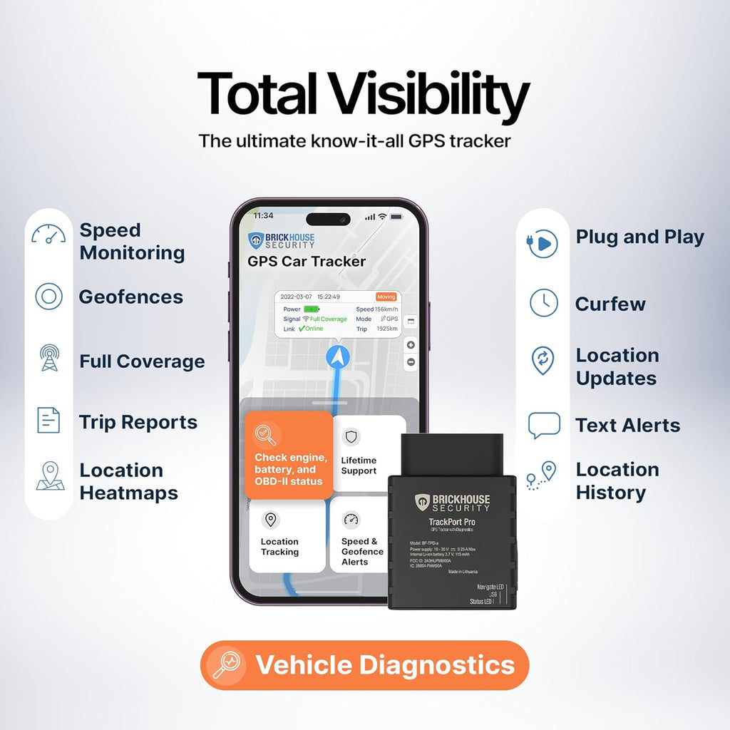 Brickhouse Security TrackPort Pro - Diagnostic GPS Tracker for Vehicles, Car Location, Speed, Battery Health, Mileage, Vehicle Diagnostic Data Report - Plugs into OBD Port - Subscription Required