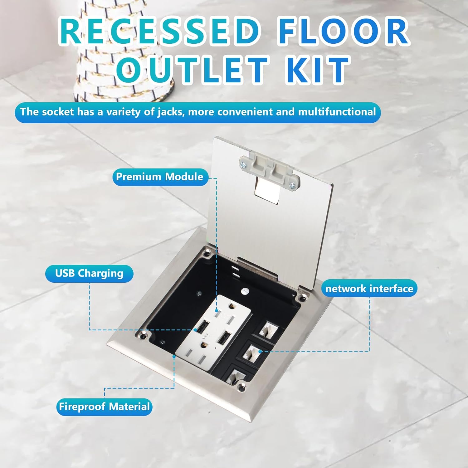KYHSHJ Recessed Flat Hidden Socket Kit with 2 * 15A Receptacle，4.8A*2 USB-A Ports +3-Port RJ45 Datacom Receptacle. Internal Height Adjustable，Corrosive Resistant Hardware,Silver