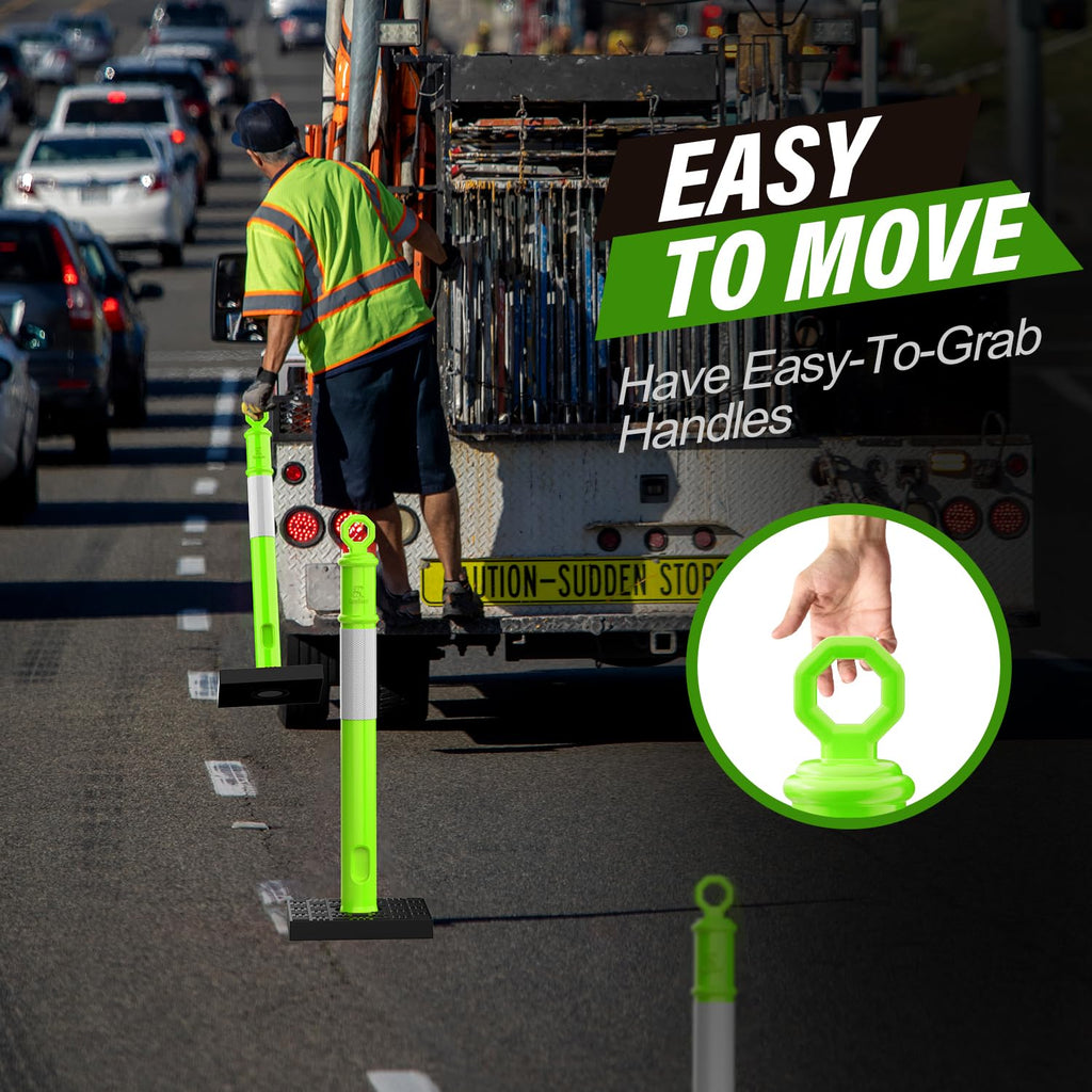 RoadHero 45 Inch Delineator Post with Base, Portable Lime Green Traffic Delineator Posts Cones with Reflective Collars for Parking Lots, Road Safety, Construction Events 3 Pack
