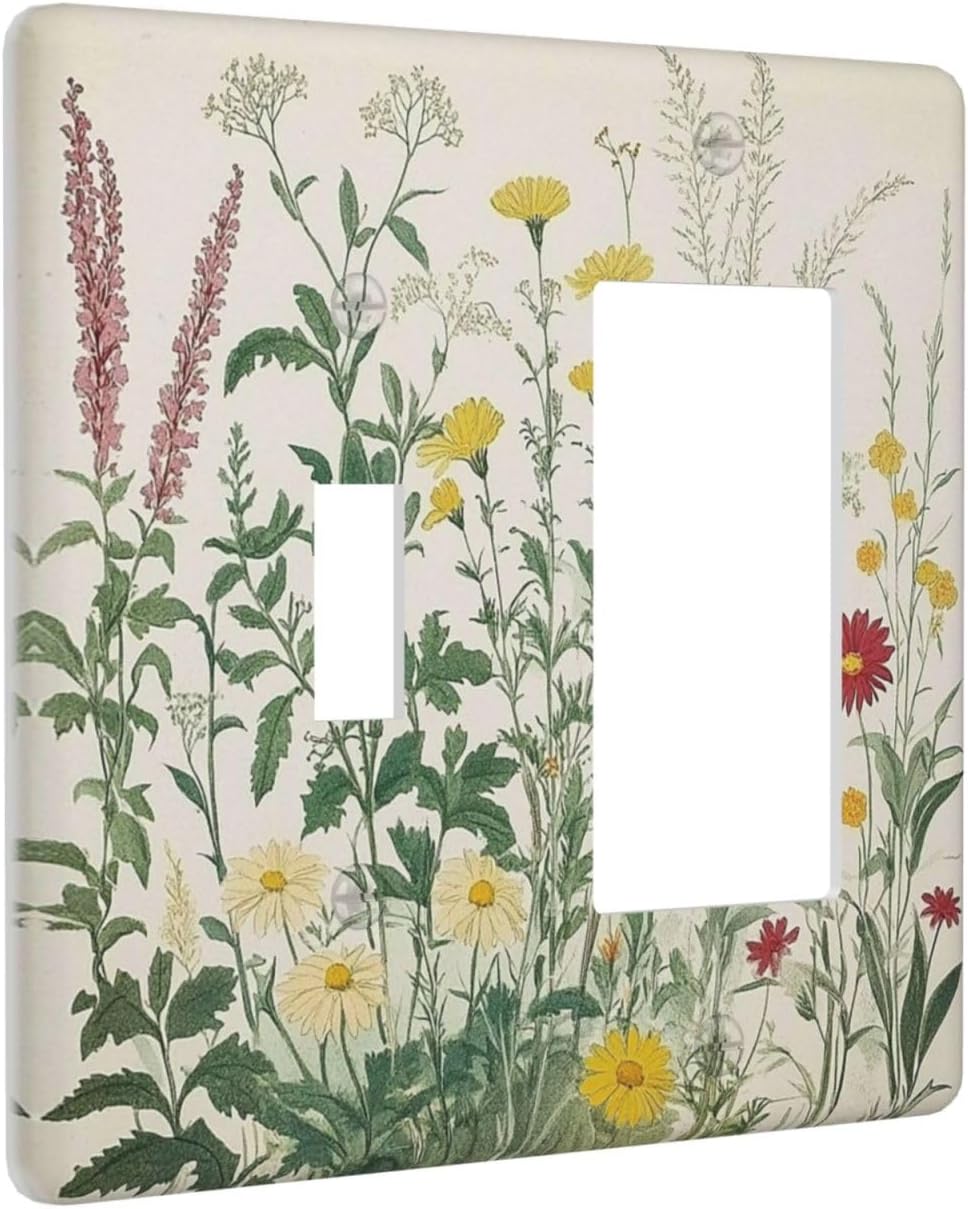 Rustic Wildflower Green Plants Daisy Floral Outlet Covers 1 Toggle 1 Rocker Combination Decorative Wall Plate Electrical Switch Plates Light Switch Cover Plate For Farmhouse Bed Room Decor