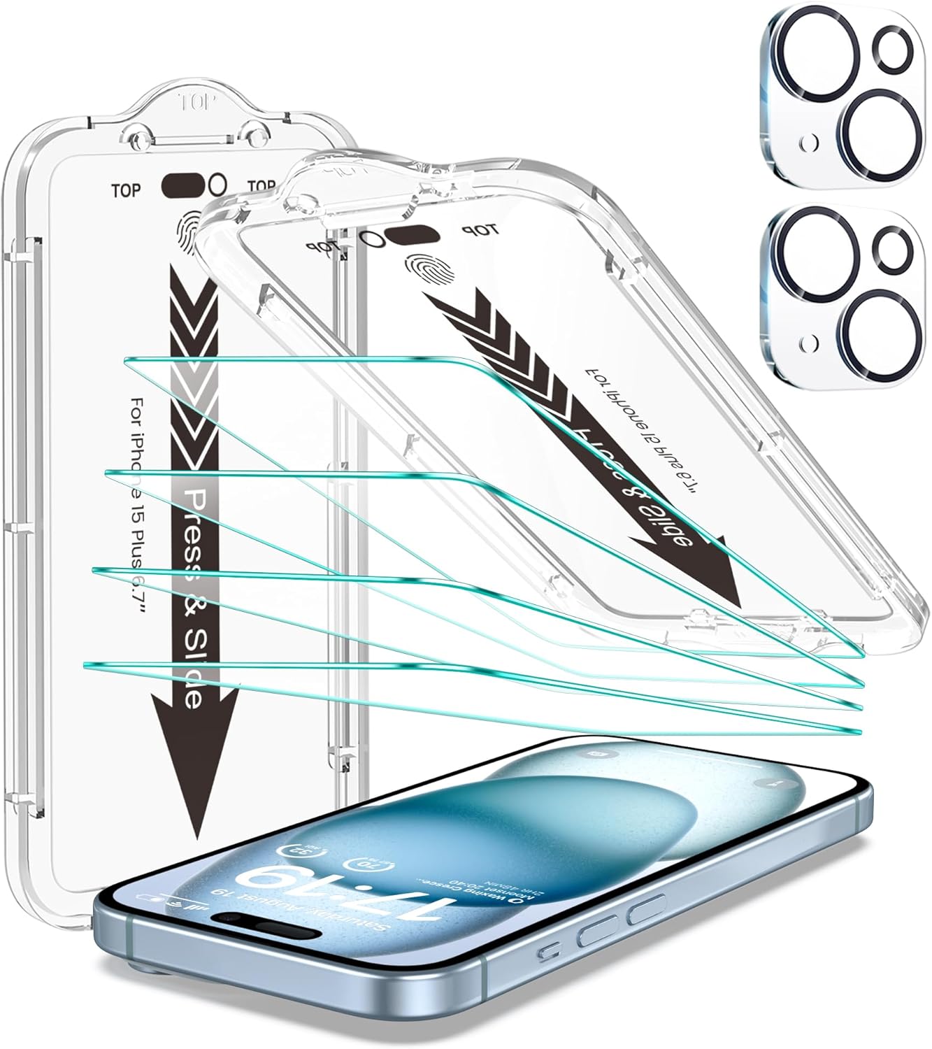 EZ-GLAZ- 4 Pack for iPhone 15 Plus Screen Protector [6.7"] With 2 Pack Camera Lens Protector, 9H+ Hardness 12FT Military Grade Shatterproof Scratch Resistant Durable Tempered Glass Film with Flawless Fit Kit, HD Clear