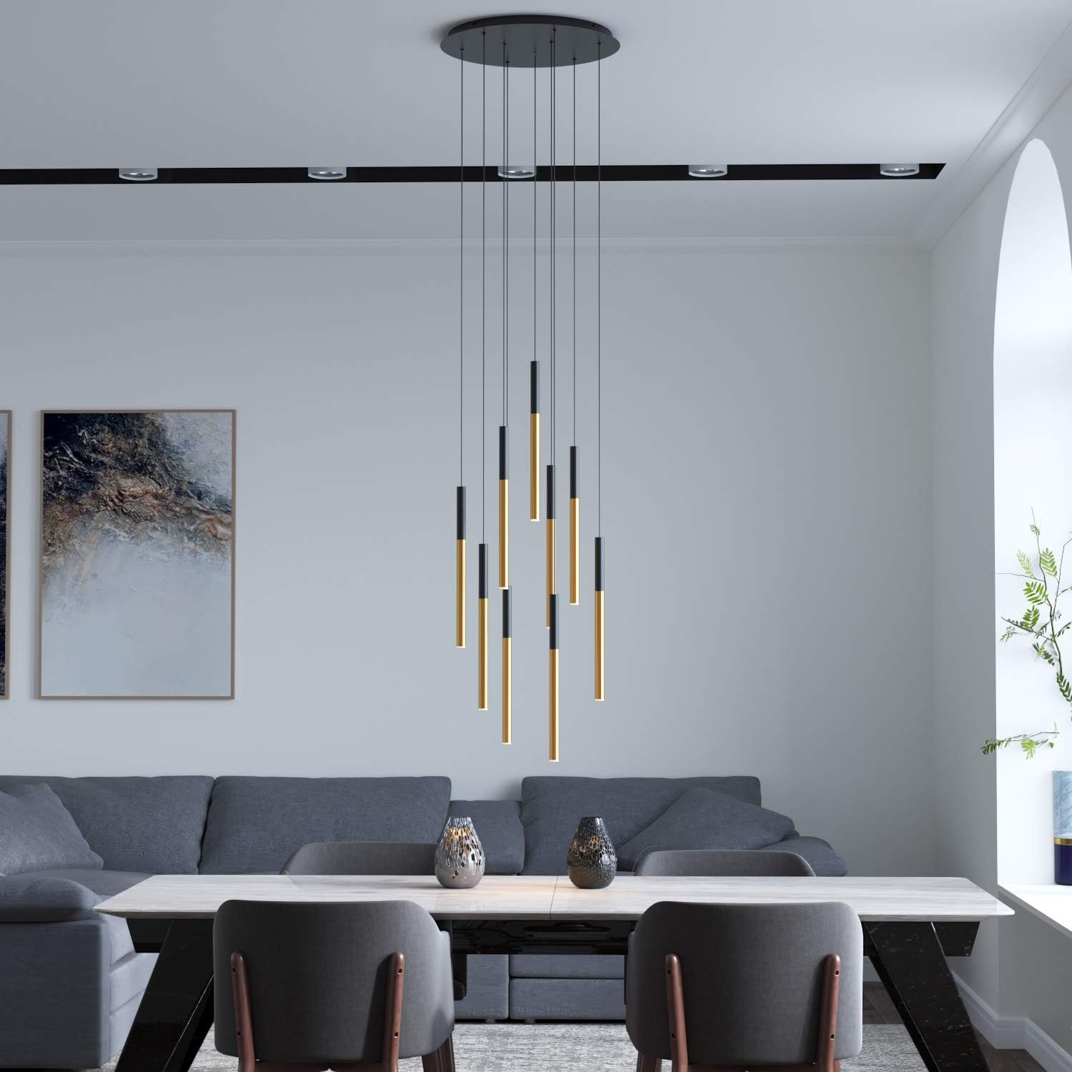ALTAIR 9 Mini Pendant Lighting Black-Brass - LED Hanging Light Fixture for Kitchen Island, Bar, Foyer - Cluster Pendants - Dimmable, Adjustable Wire, Lamp Bulb Included