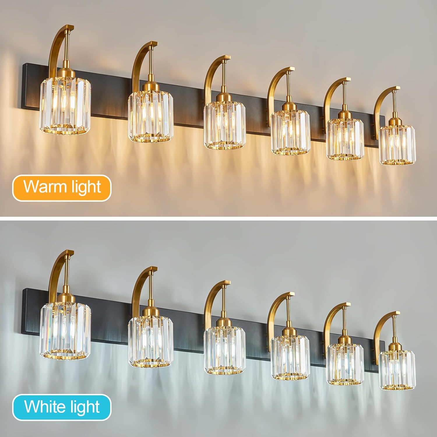 6-Light Crystal Vanity Light, Black Gold Modern Wall Sconce with K9 Crystal Shades, 51.18" Long Over Mirror Lighting for Bathroom, Makeup, Hallway, Elegant & Easy Install