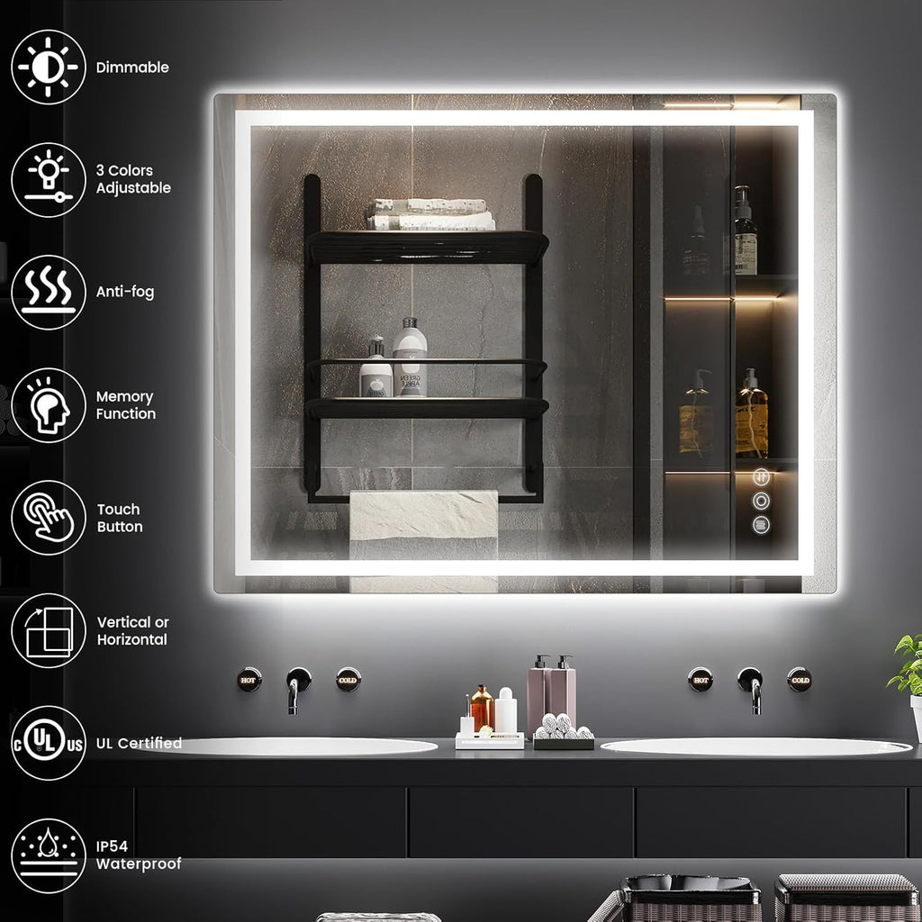 32"x 40" Bathroom Mirror for Over Sink, Anti-Fog LED Bathroom Mirror with Lights, Memory 3 Colors Modes & Dimmable Bathroom Vanity Mirror