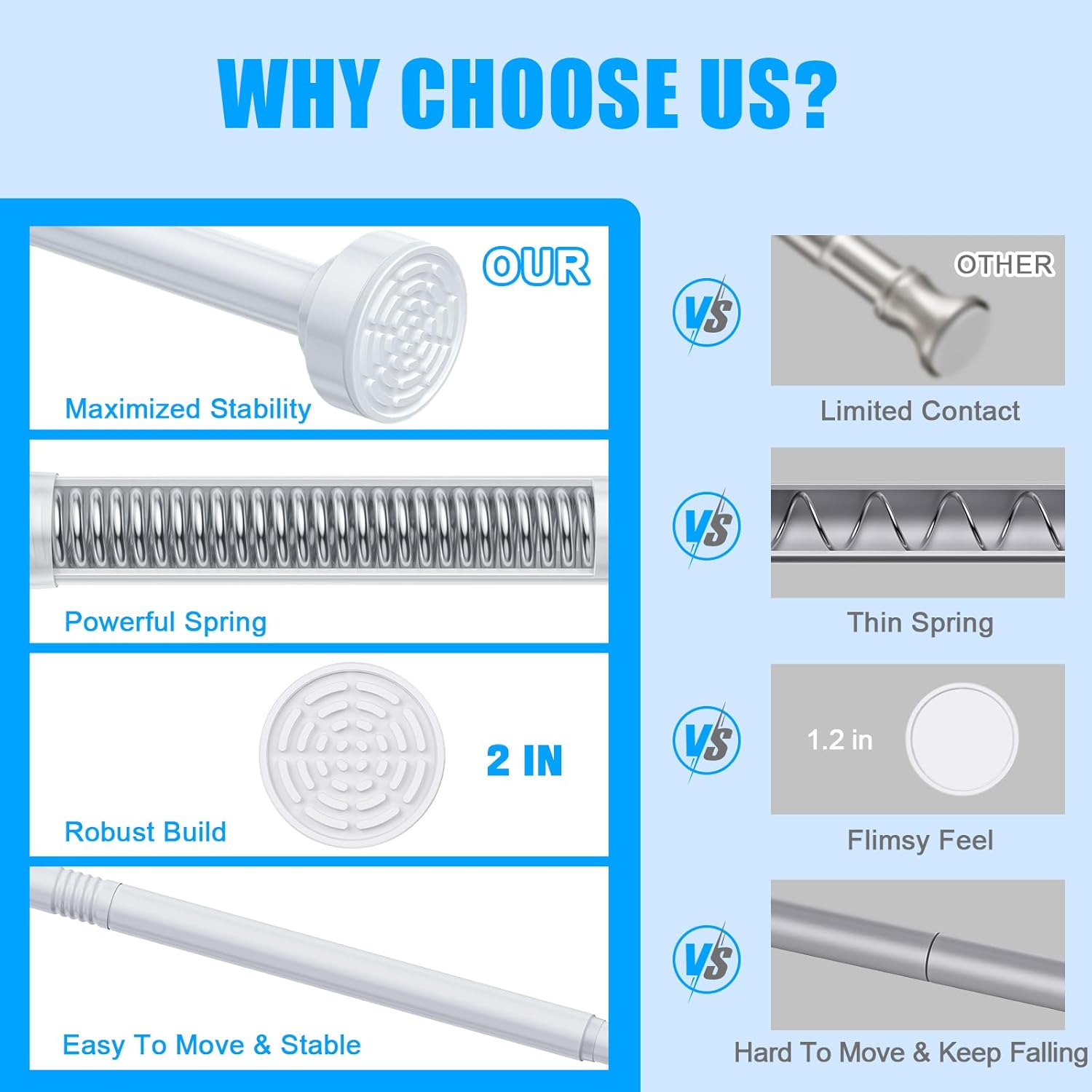 TEECK Shower Curtain Rod, 32-104 inch Adjustable Spring Tension Curtain Rod, Never Rust Anti-Slip Shower Curtain Rod for Bathroom, No Drilling, Never Collapse, Easy to Use, White