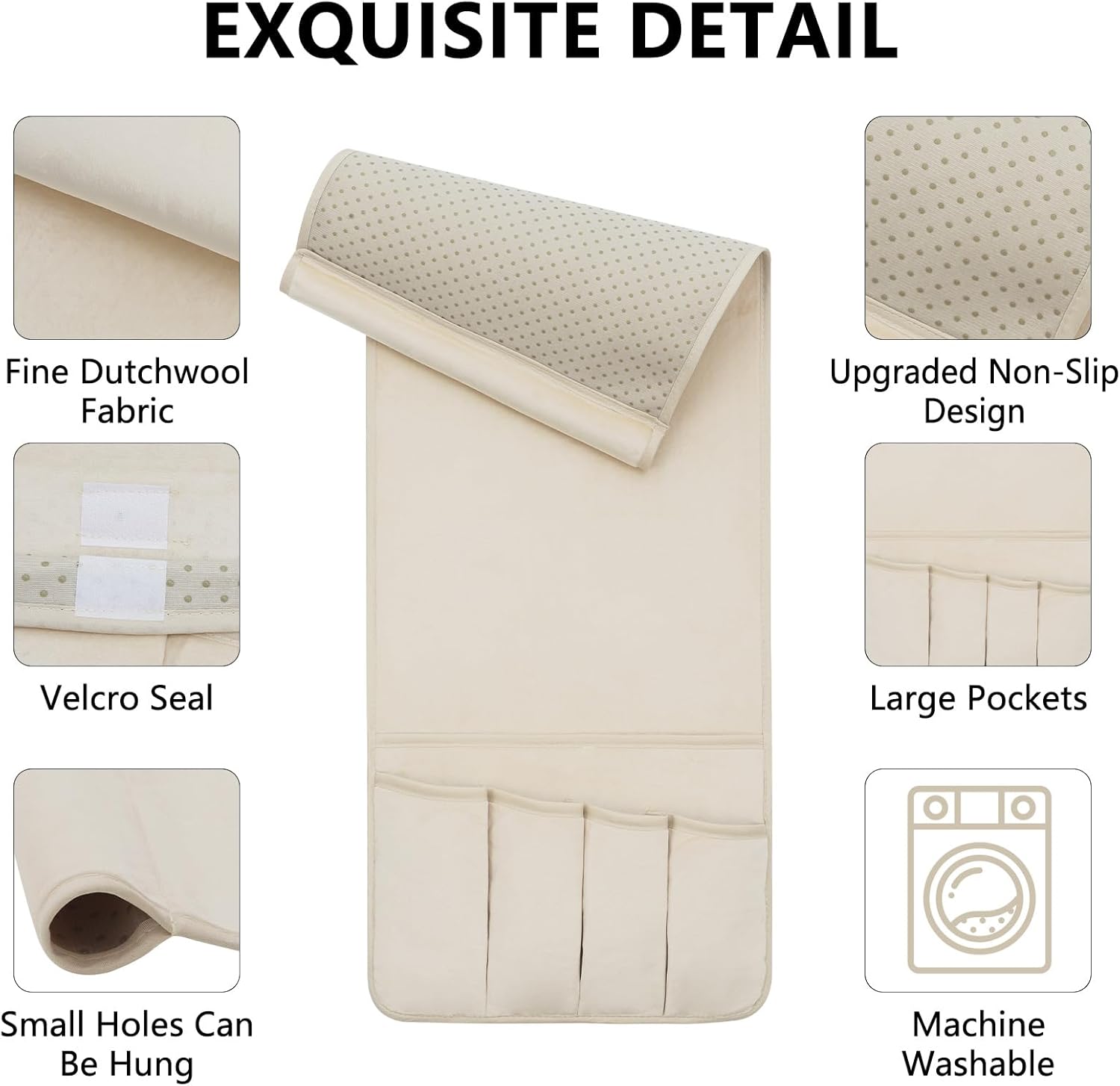 TV Remote Control Holder Couch Caddy, Non-slip Bedside Caddy Organizer with 5 Pockets for Key Glasses Phone Magazine Holders (Beige, 35"x12.4")