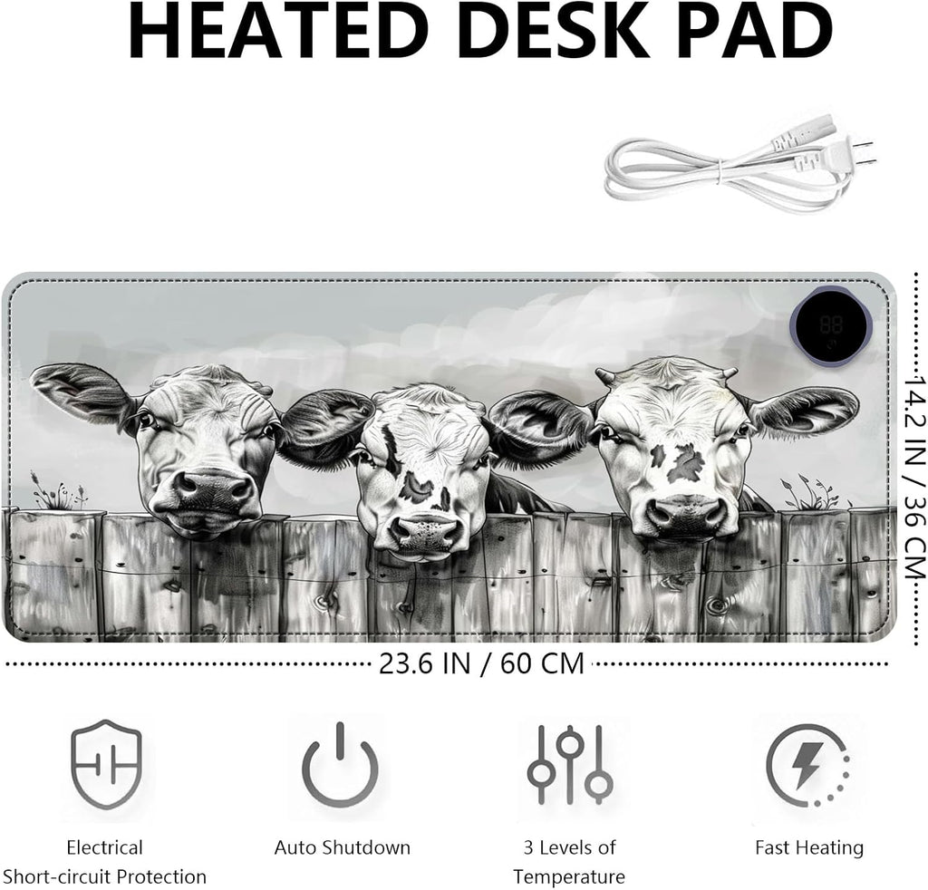Heated Mouse Pad with 3 Levels Heated & 3 Hours Auto Shut-Off Mouse Pad for Warming Hands in Office Home, 23.6" x 14.2"Large Safe Desk Mat Hand Warmer，Three Lovely Cows