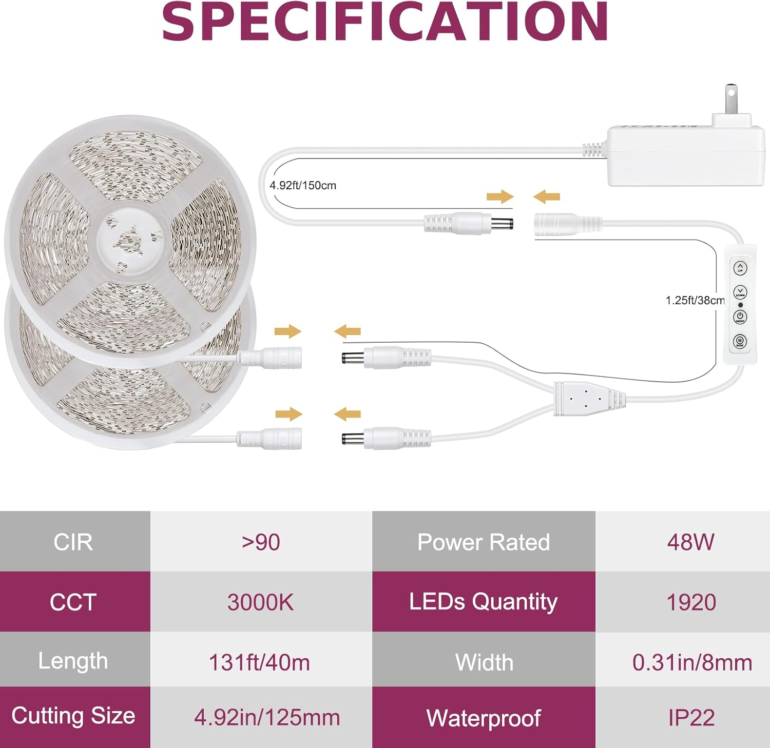 White LED Strip Lights, 131ft Dimmable 24V LED Lights Strip 3000K Bright Warm White, Flexible Tape Lights for Bedrooms, Kitchen, Cabinet, Christmas Decor, 2 Rolls of 65.6ft
