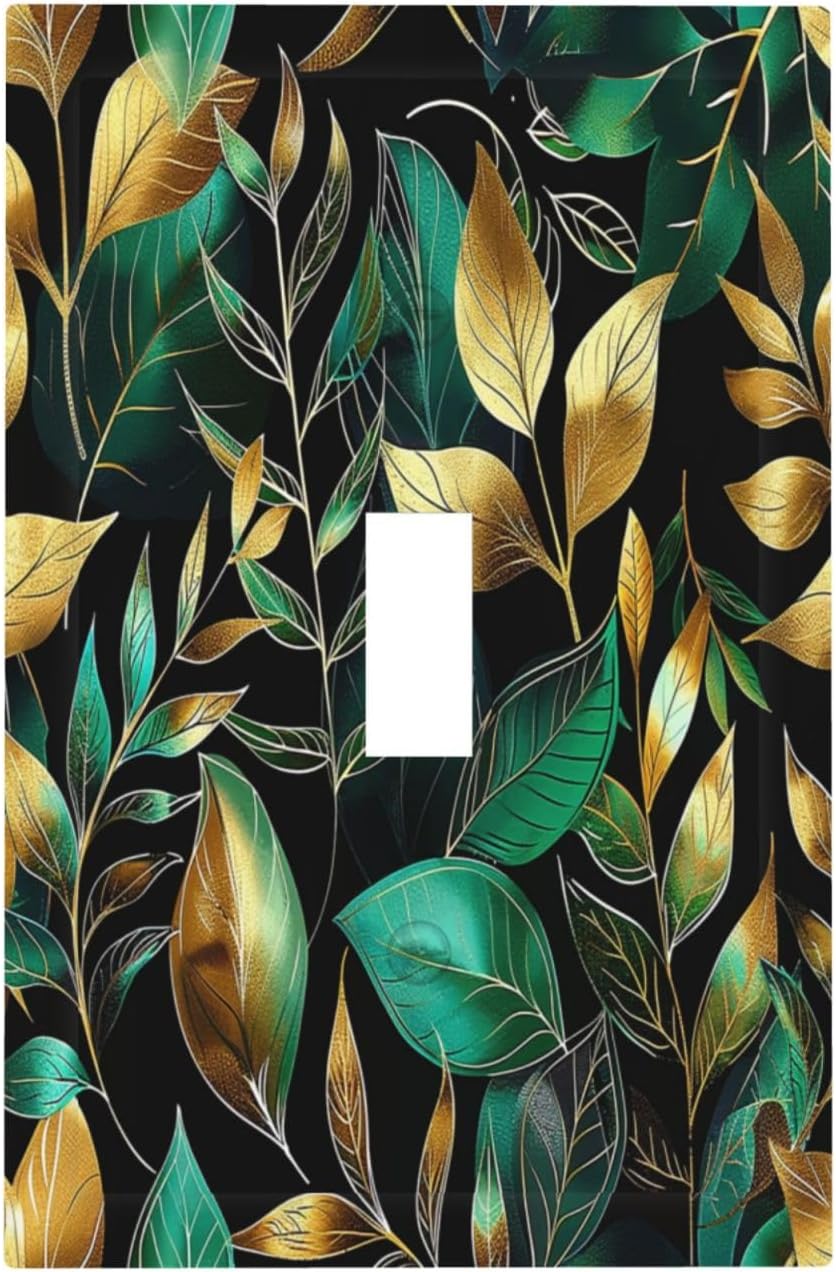 Decorative Light Switch Cover Vintage Dark Green Vine Leaf Golden Plants 1 Gang Single Toggle Device Electrical Faceplate Switchplates Decorator Outlet Wall Plate for Bed Room Cabin