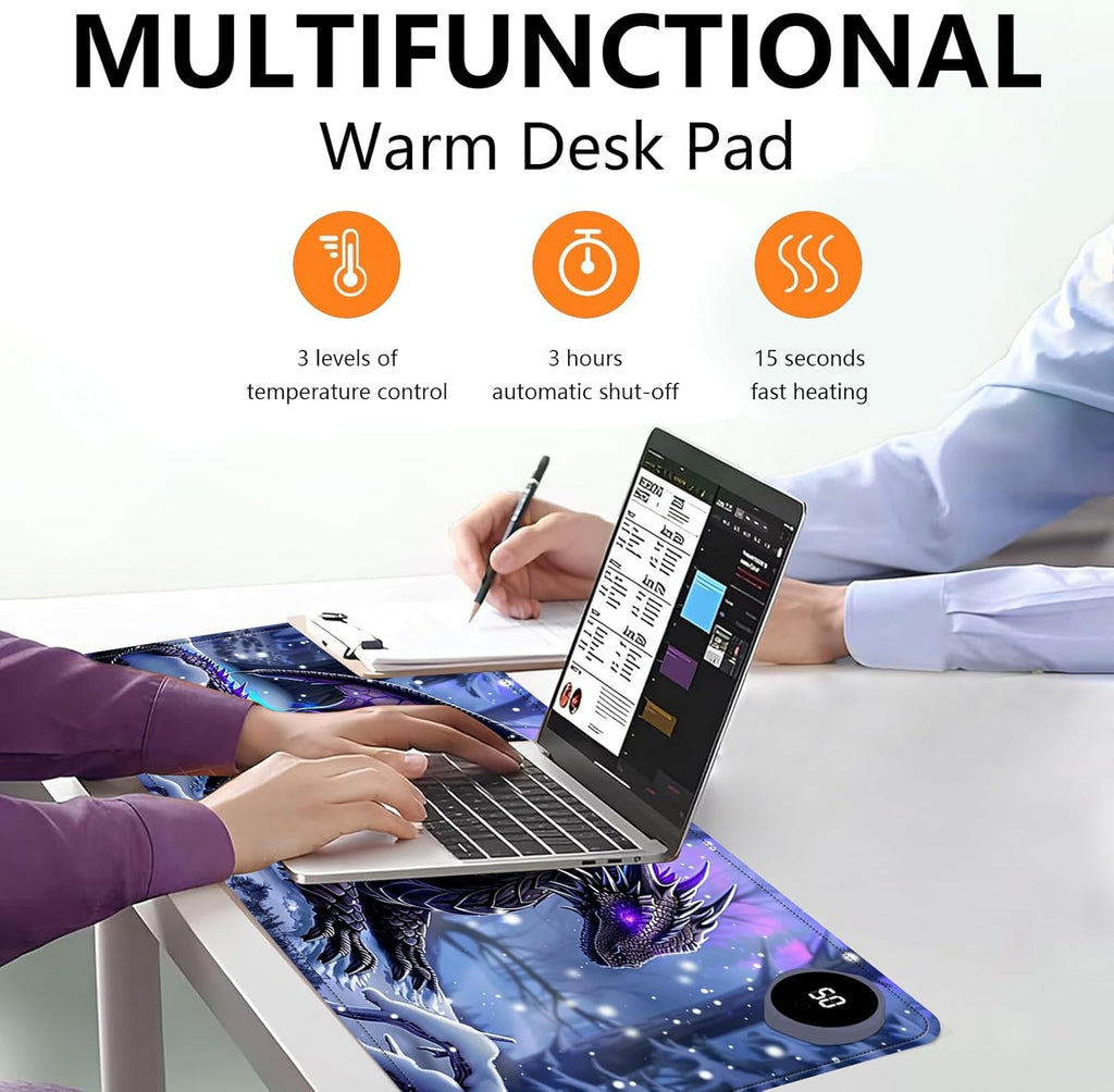 Heated Mouse Pad with 3 Levels Heated & 3 Hours Auto Shut-Off Mouse Pad for Warming Hands in Office Home, 23.6" x 14.2"Large Safe Desk Mat Hand Warmer，Purple Flying Dragon