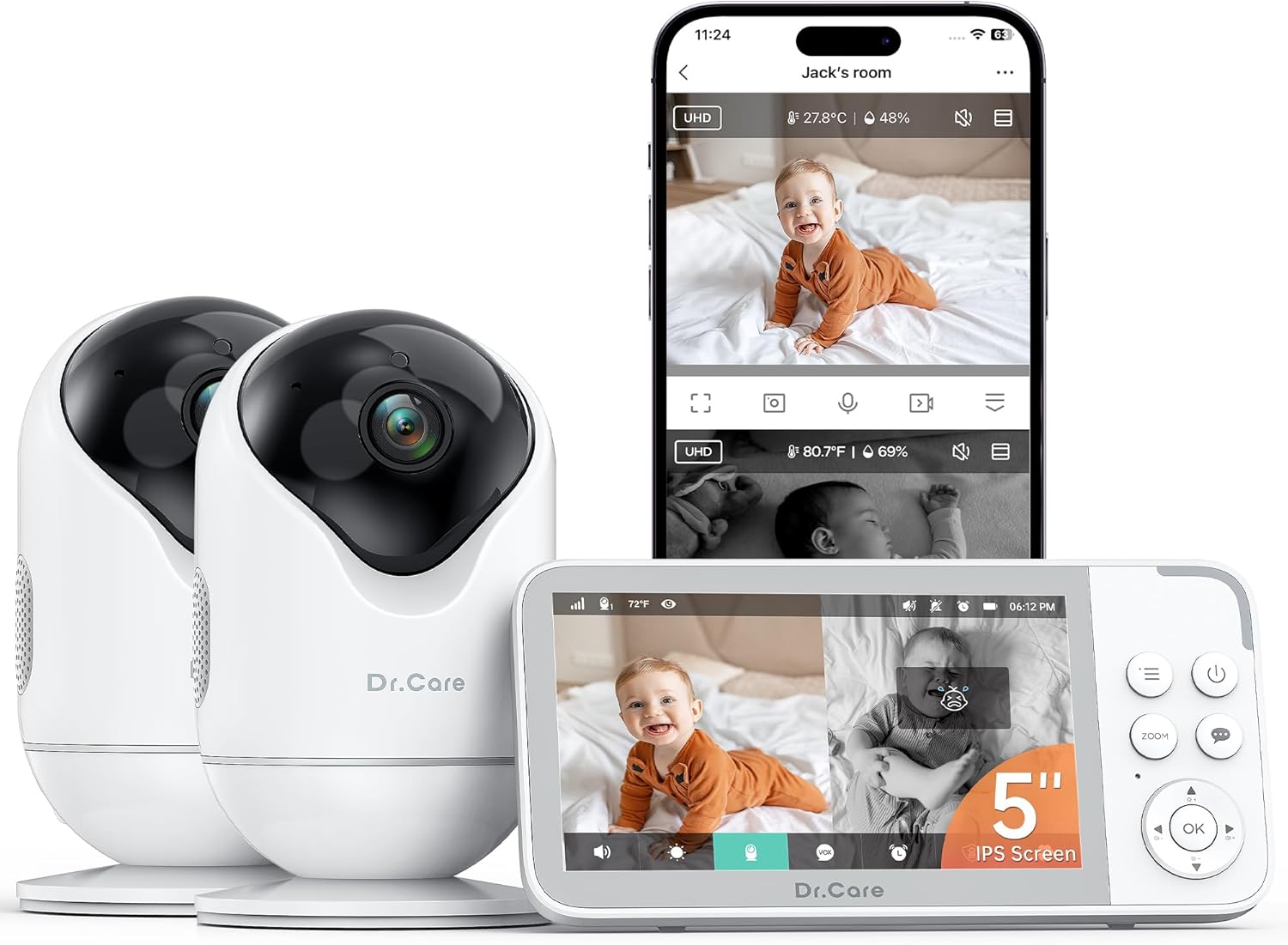Dr.Care VistaView 5” Smart WiFi Baby Monitor with 2 Camaras - 2K Camera App Control & 1080P Split Screen, Cry & Motion Detection, Pan-Tilt-Zoom, HD Night Vision, Video Recording, Triple Security