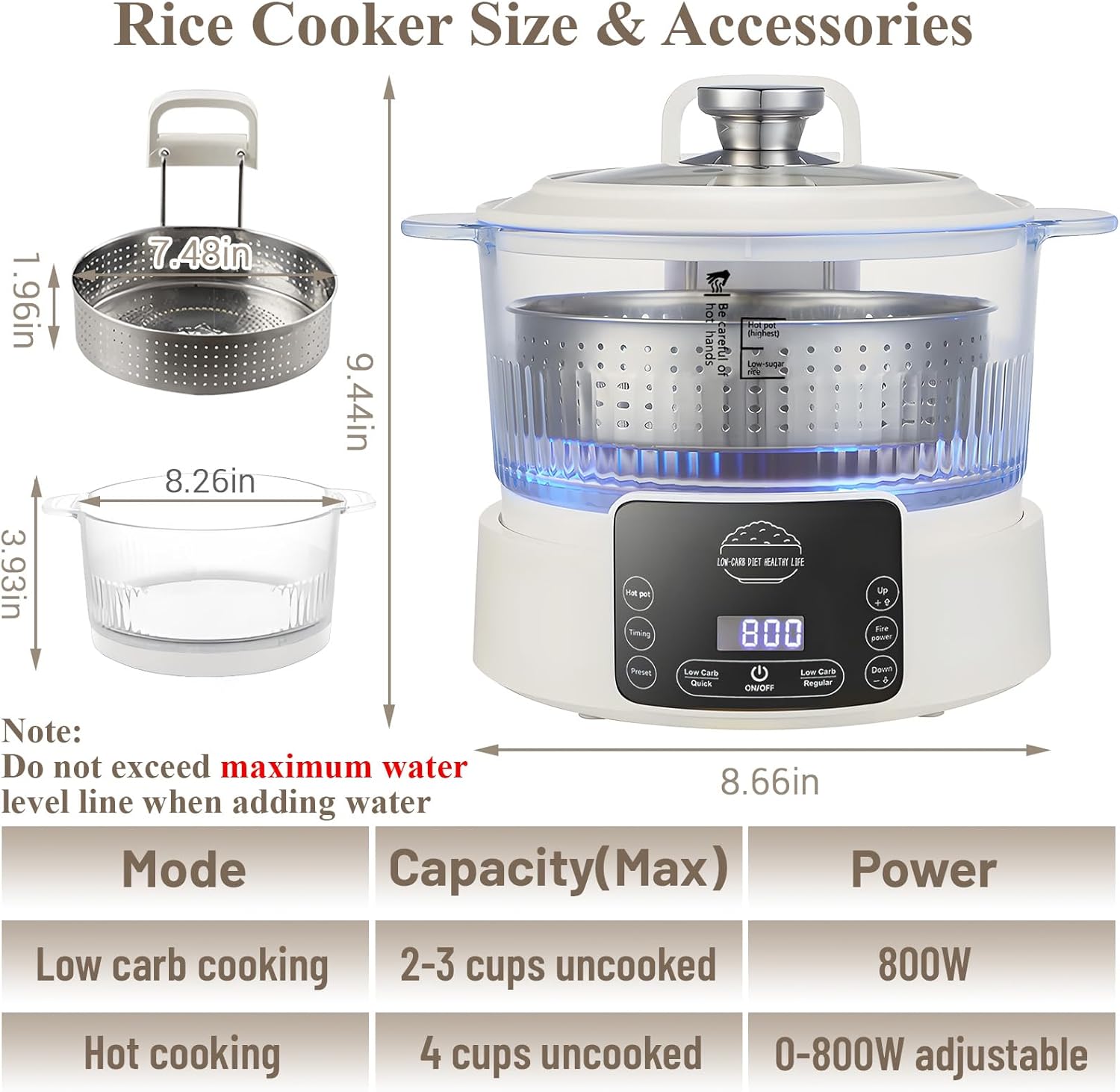 Low Carb Rice Cooker,3L Multifunction Smart Rice Cooker - 4H Keep Warm,Digital Display,Timer & Reservation Function,Suitable for Cooking,Simmering,Stewing,and Steaming(3L,Beige)