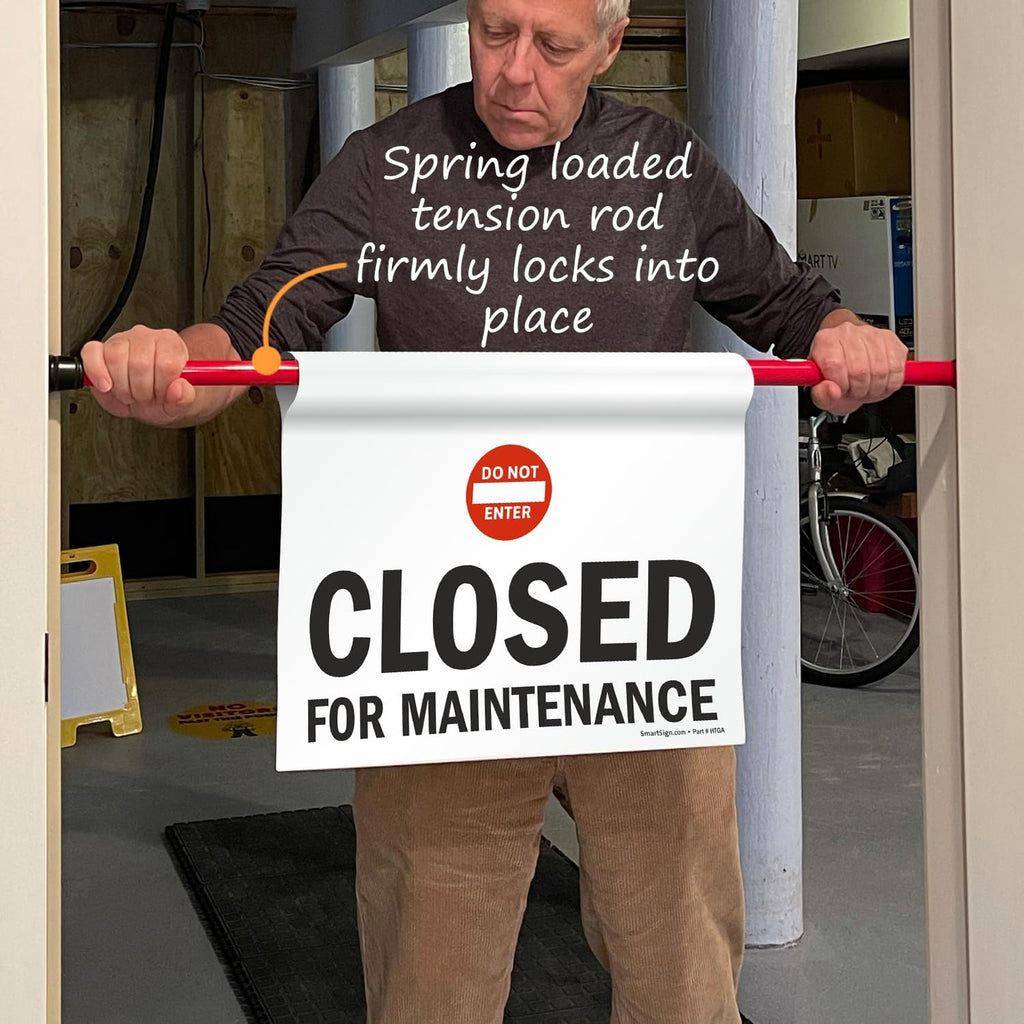 SmartSign 3-Pack 'Closed For Maintenance' Hanging Doorway Barricade Sign with Symbol, Spring-loaded Aluminum Pole, Torsion Pole and 11.25" x 18" Vinyl Sign Kit, Black/White/Red, USA-Made