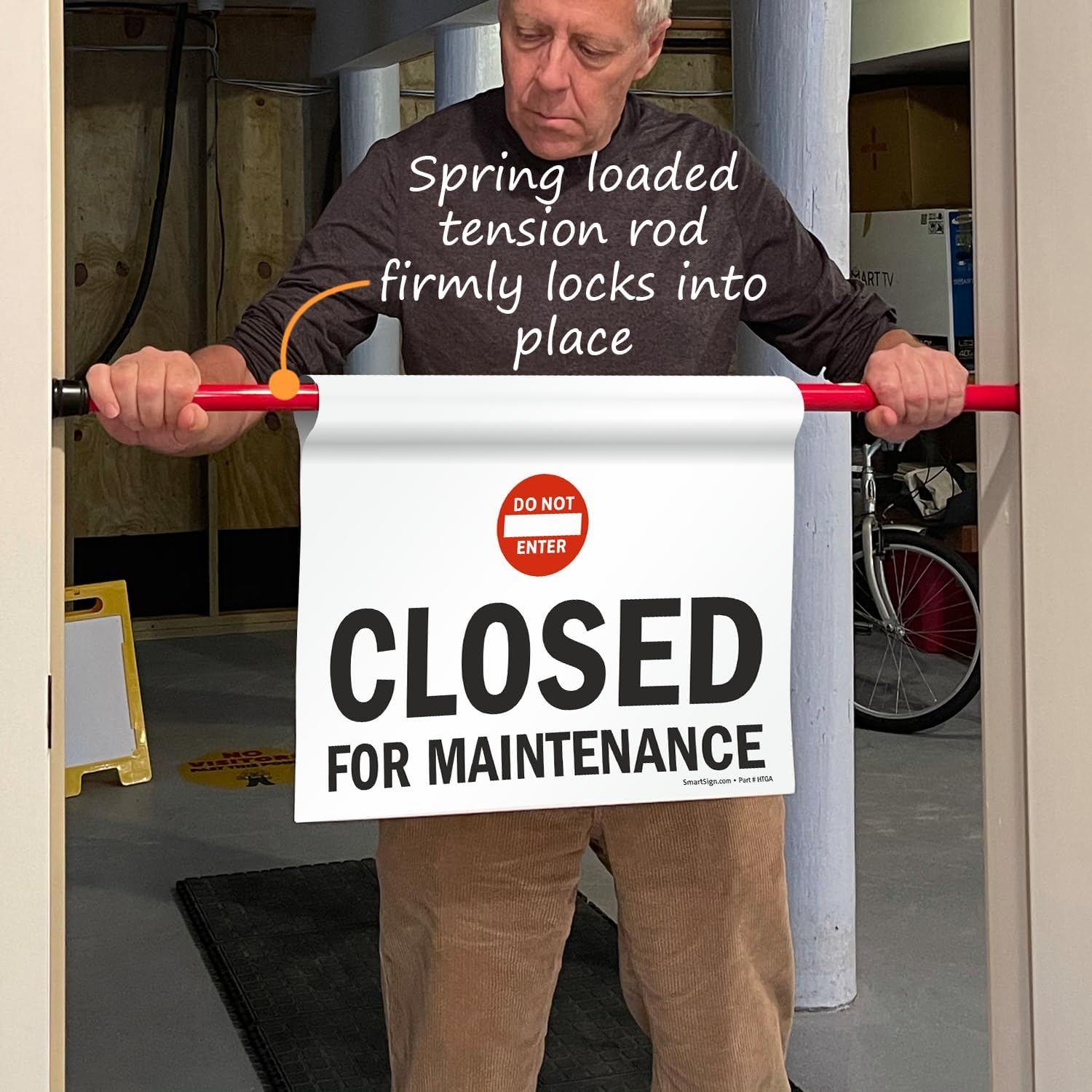 SmartSign 3-Pack 'Closed For Maintenance' Hanging Doorway Barricade Sign with Symbol, Spring-loaded Aluminum Pole, Torsion Pole and 11.25" x 18" Vinyl Sign Kit, Black/White/Red, USA-Made