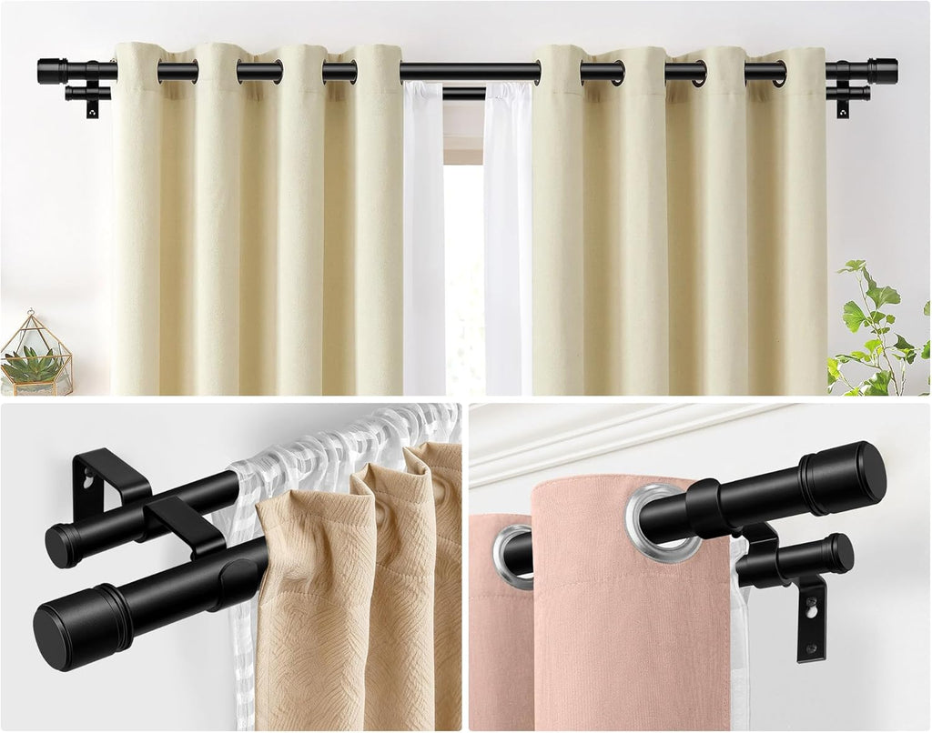 Double Curtain Rod 36 to 72 Inch, HOTOZON 1 Inch Heavy Duty Double Curtain Rods for Windows 24 to 68 Inches(2-5.6 ft), Telescoping Drapery Rod with Simple End Finials, Black