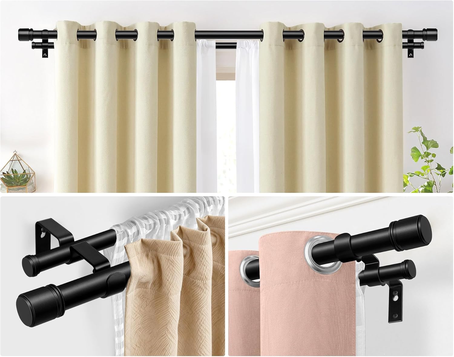 Double Curtain Rod 32 to 86 Inch, HOTOZON 1 Inch Heavy Duty Double Curtain Rods for Windows 20 to 82 Inches(1.7-6.8 ft), Telescoping Drapery Rod with Simple End Finials, Black