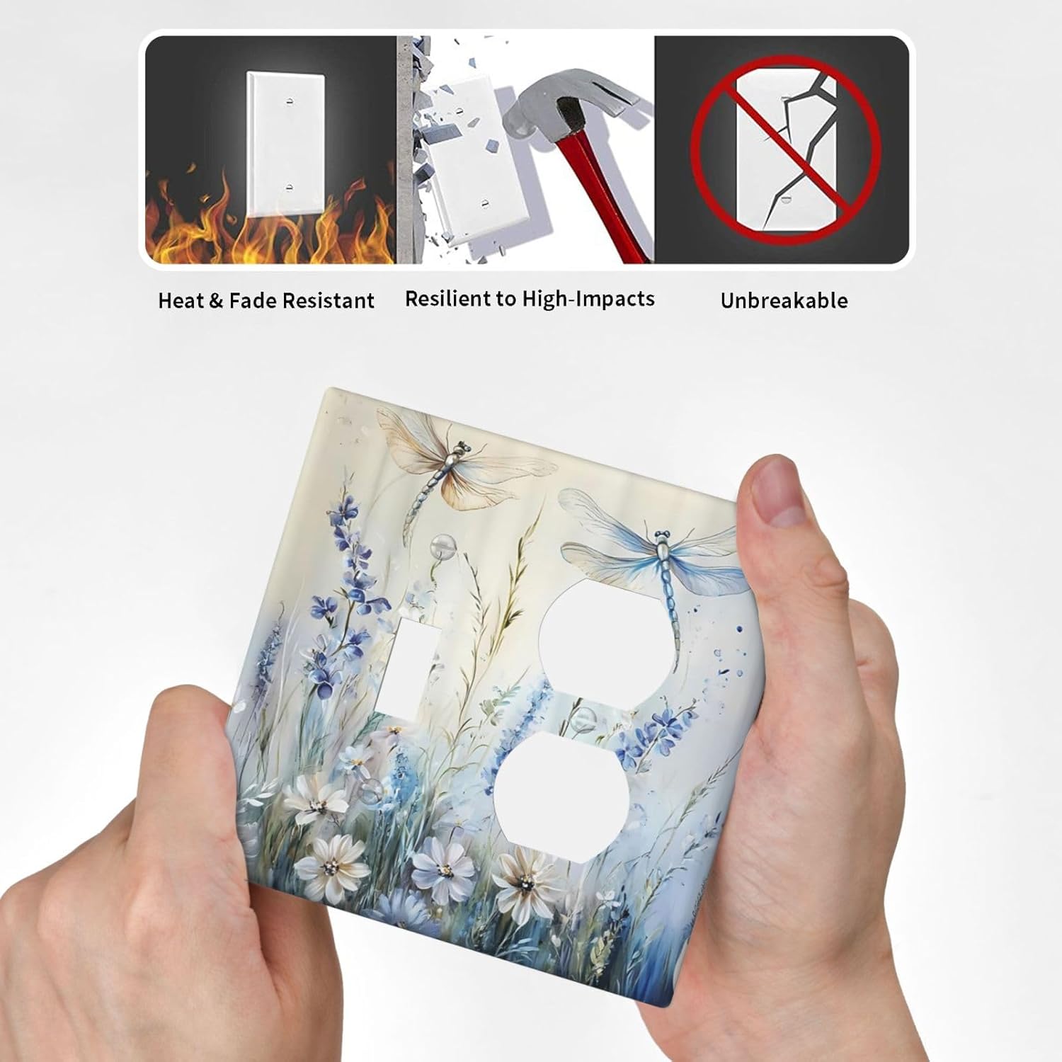 Decorative Outlet Covers Watercolor Dragonfly Blue Wihte Flower 2 Gang Light Switch Cover Plate Single Toggle Duplex Wall Plates for Electrical Outlets Switch Plate Covers for Bedroom Decor