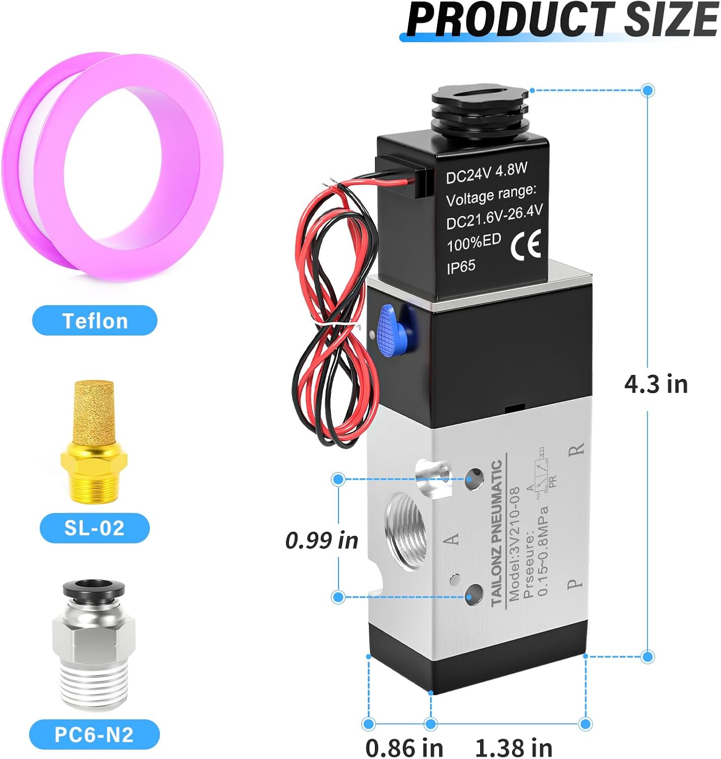 TAILONZ PNEUMATIC 1/4"NPT Solenoid Valve 3V210-08 24V Single Coil Pilot-Operated Electric 2 Position 3 Way Connection Type(Outlet wire)