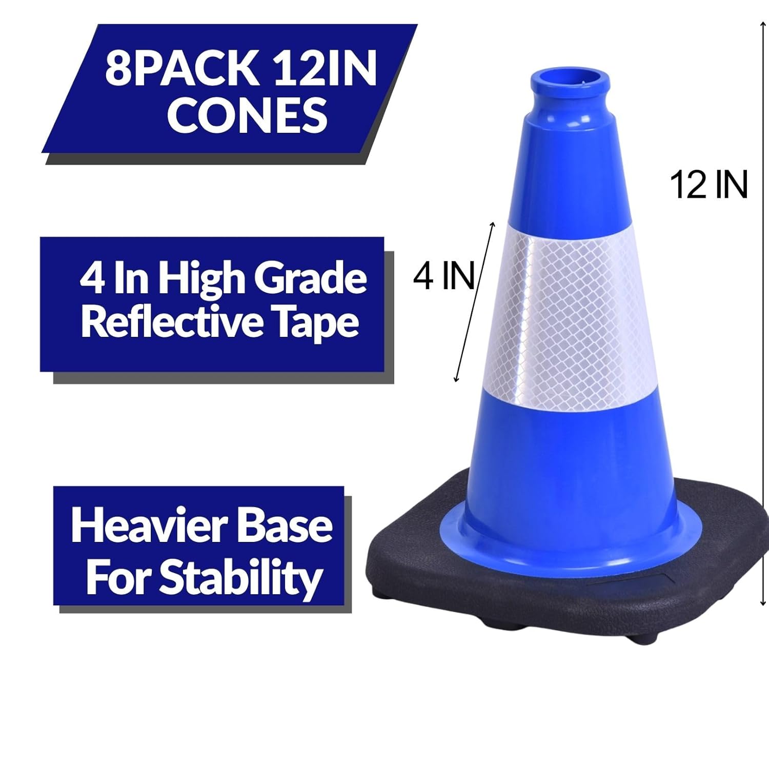 BESEA 8Pack 12 Inch Blue Traffic Cones with 4 Inch Reflective Collar, Heavy Duty PVC Safety Cones with 8.5 x 8.5 Inch Base for Parking, Driving Practice, Sports Training, and Construction