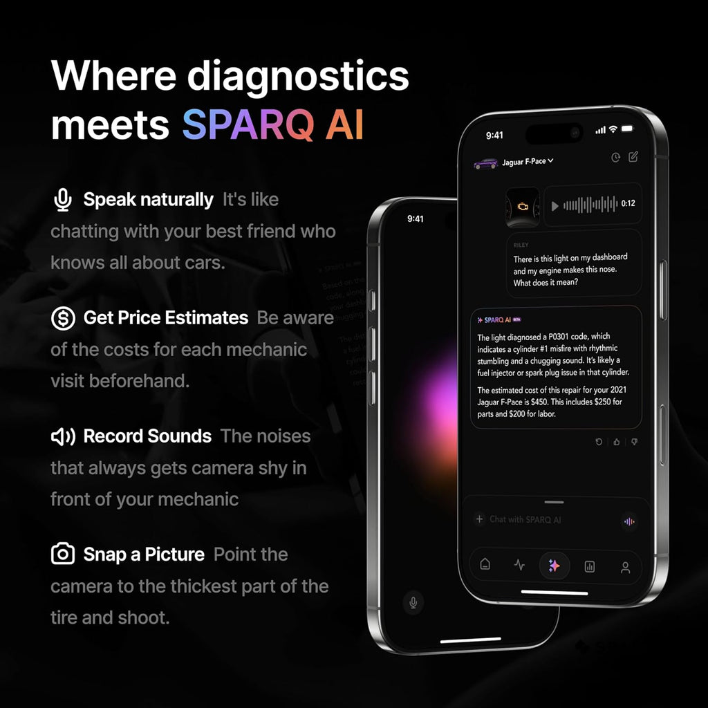 SPARQ AI OBD2 Scanner Diagnostic Tool Bluetooth Compatible with iPhone/iOS, Your Personal Car Mechanic, Track History & Recalls, Scan & Clear 50K+ Codes for Non EV Vehicles 2008+ No Subscription Fees
