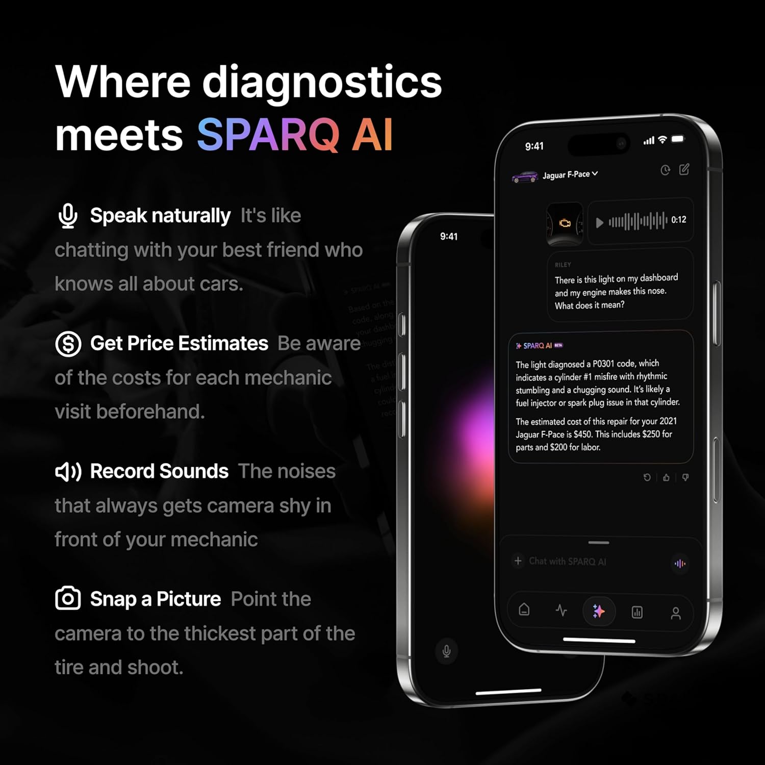 SPARQ AI OBD2 Scanner Diagnostic Tool Bluetooth Compatible with iPhone/iOS, Your Personal Car Mechanic, Track History & Recalls, Scan & Clear 50K+ Codes for Non EV Vehicles 2008+ No Subscription Fees