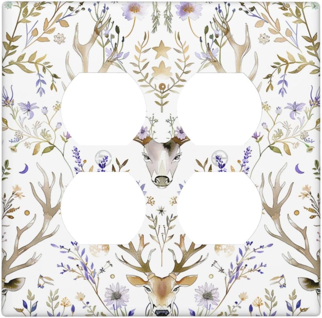 Outlet Covers Gothic Retro Floral Damask Elk Wild Flower 2 Gang Double Duplex Decorative Light Switch Covers Electrical Wallplates Socket Faceplate For Bed Room Living Room Decor